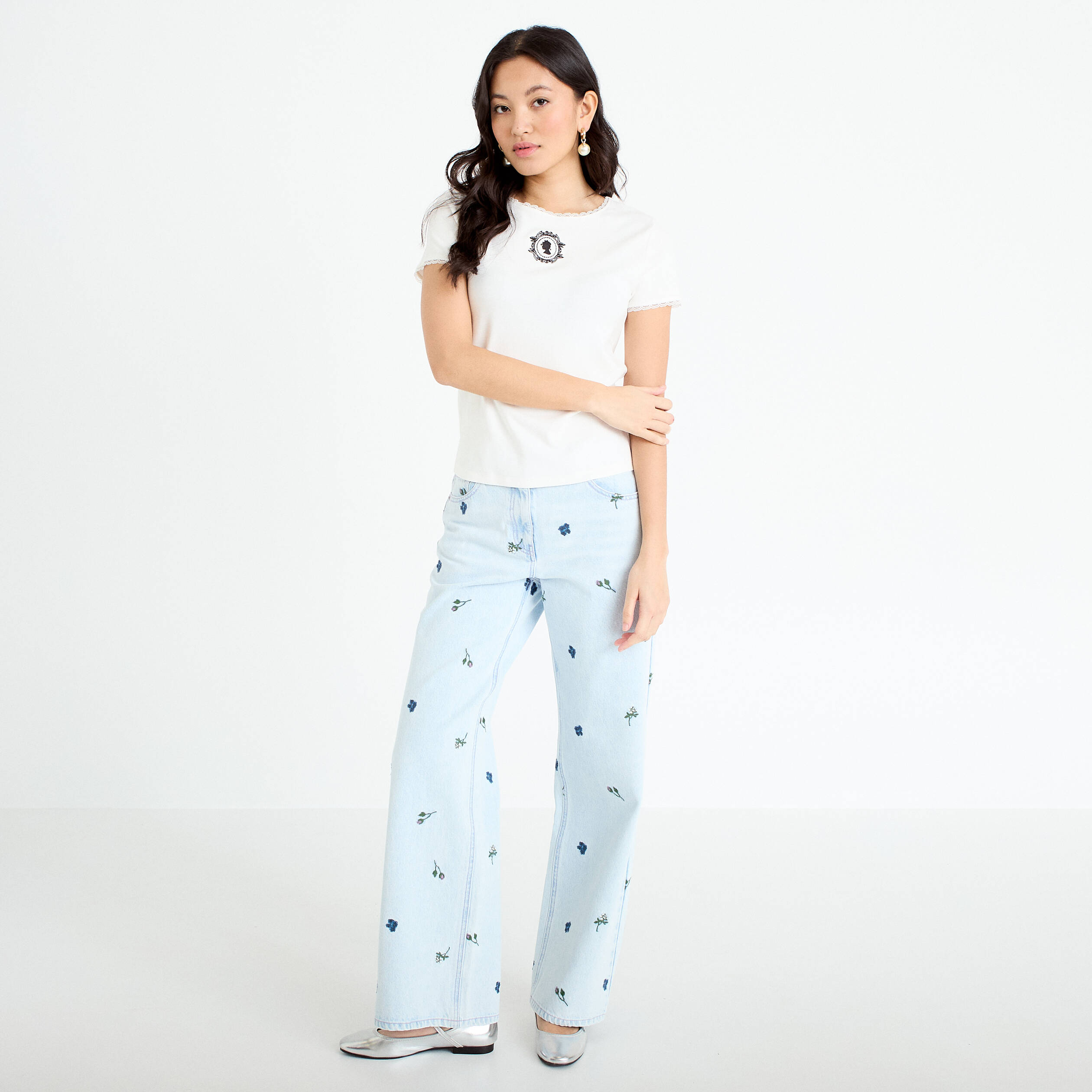 T-shirt col rond brod&eacute; Bridgerton ecru femme