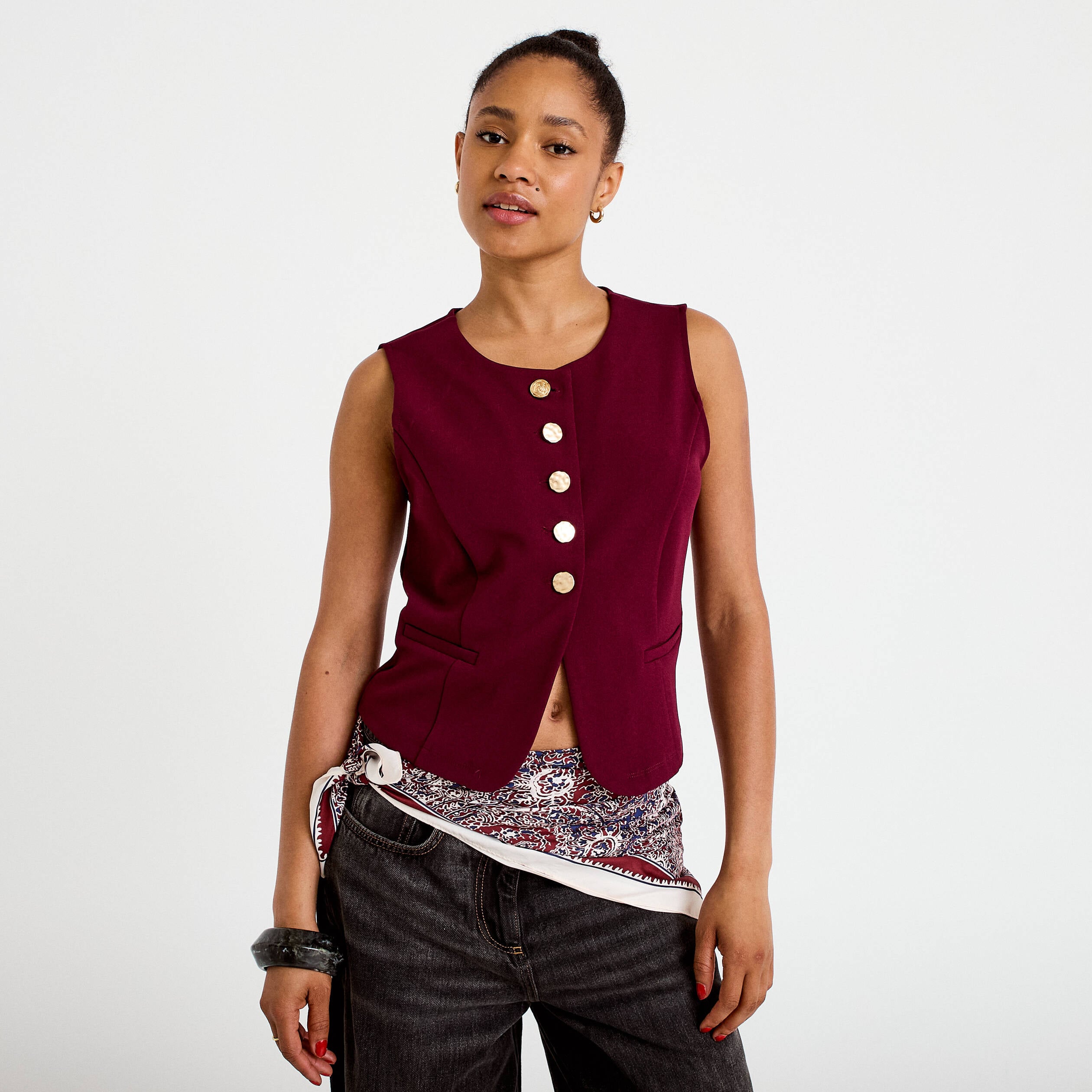 Gilet sans manches col rond bordeaux femme