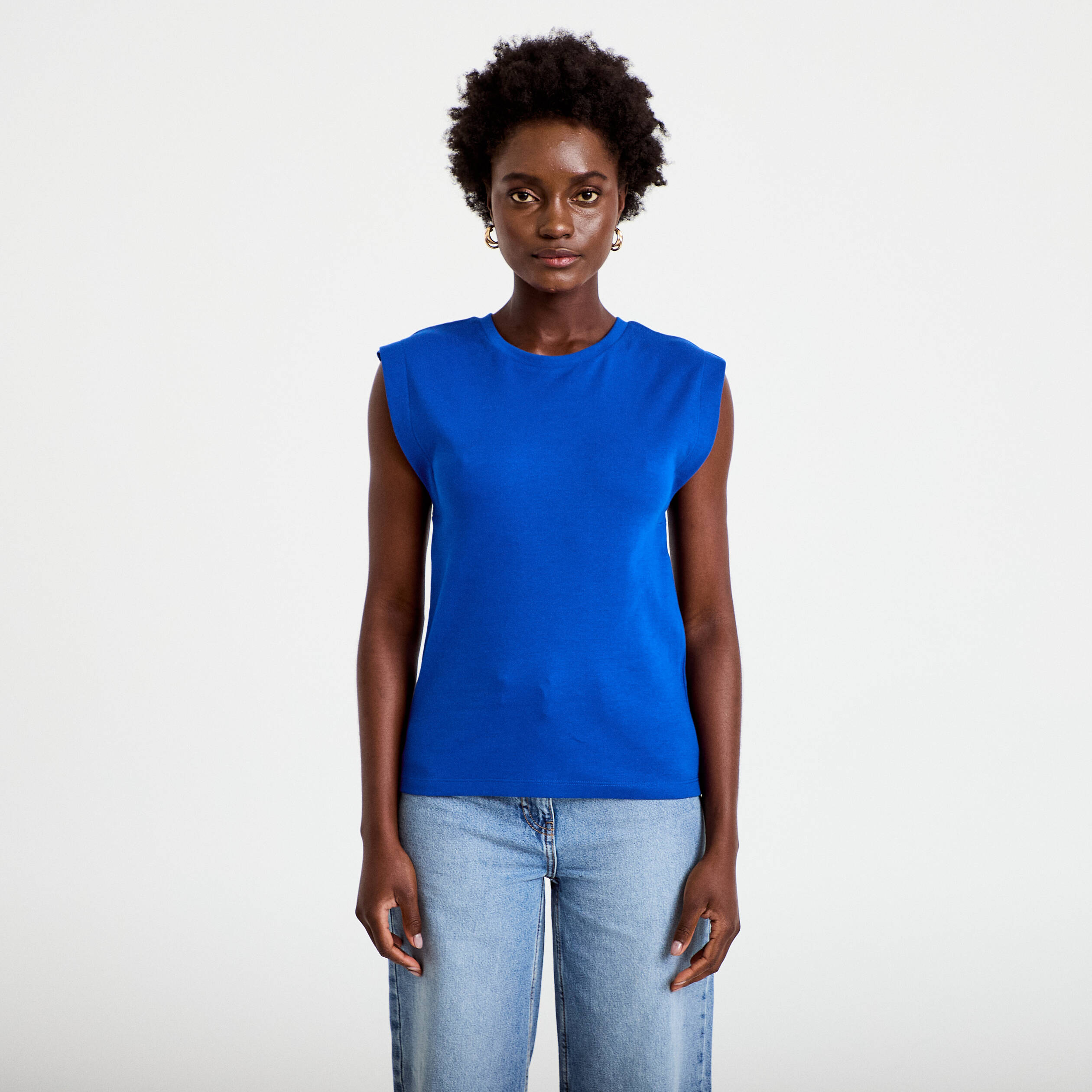 T-shirt col rond sans manches bleu electrique femme