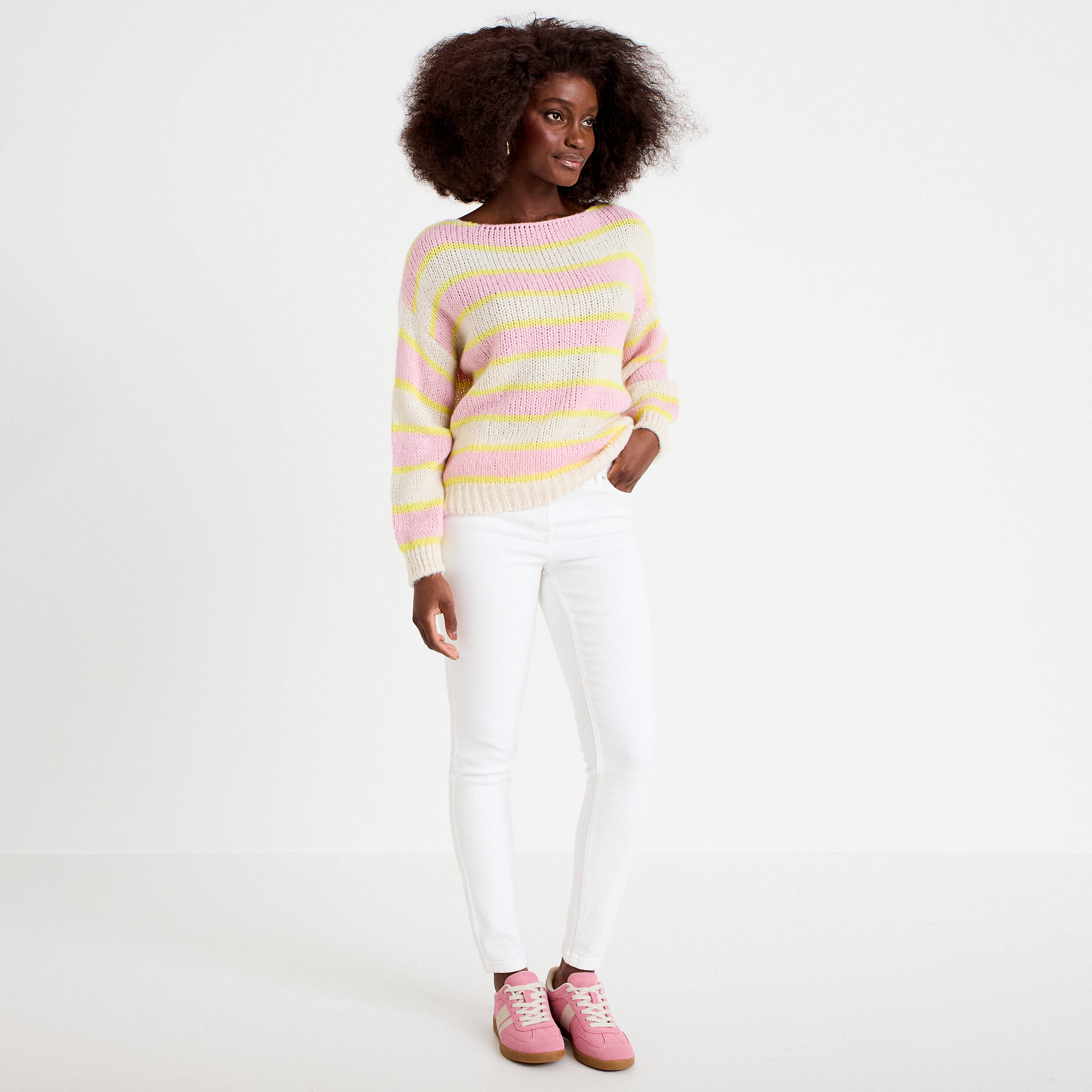 Pull col bateau manches longues jaune clair femme