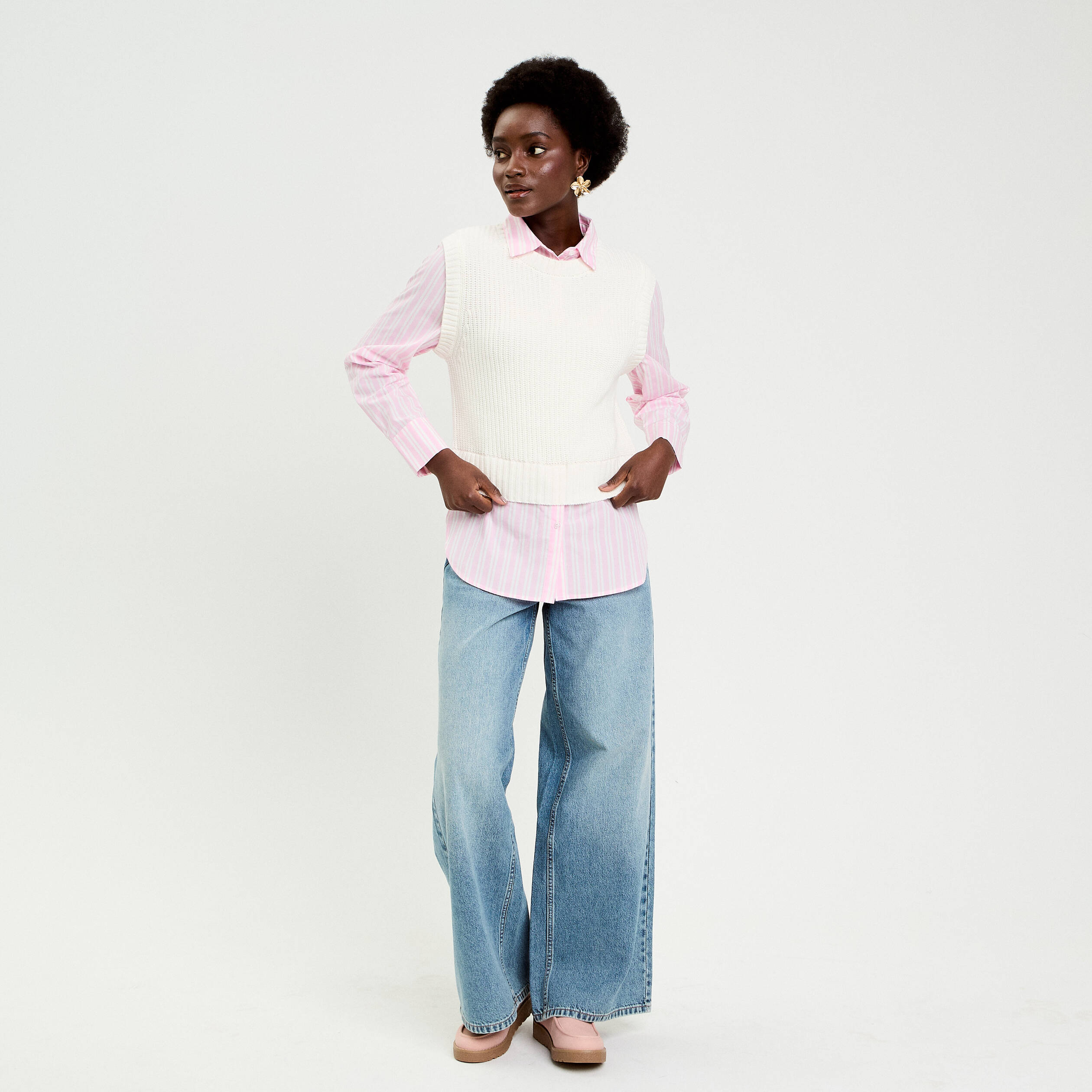 Pull chemise 2-en-1 ecru femme