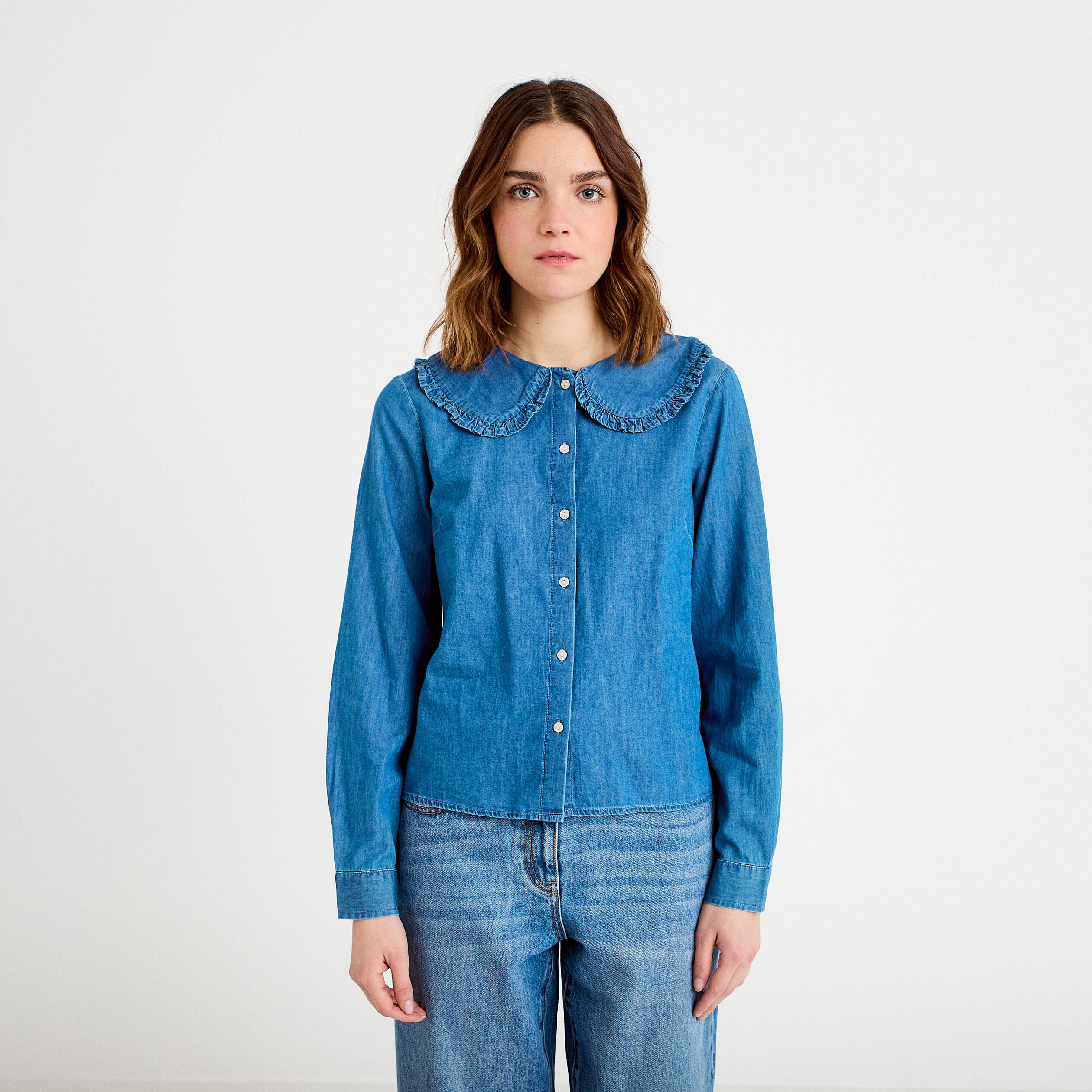 Blouse col claudine denim double stone femme