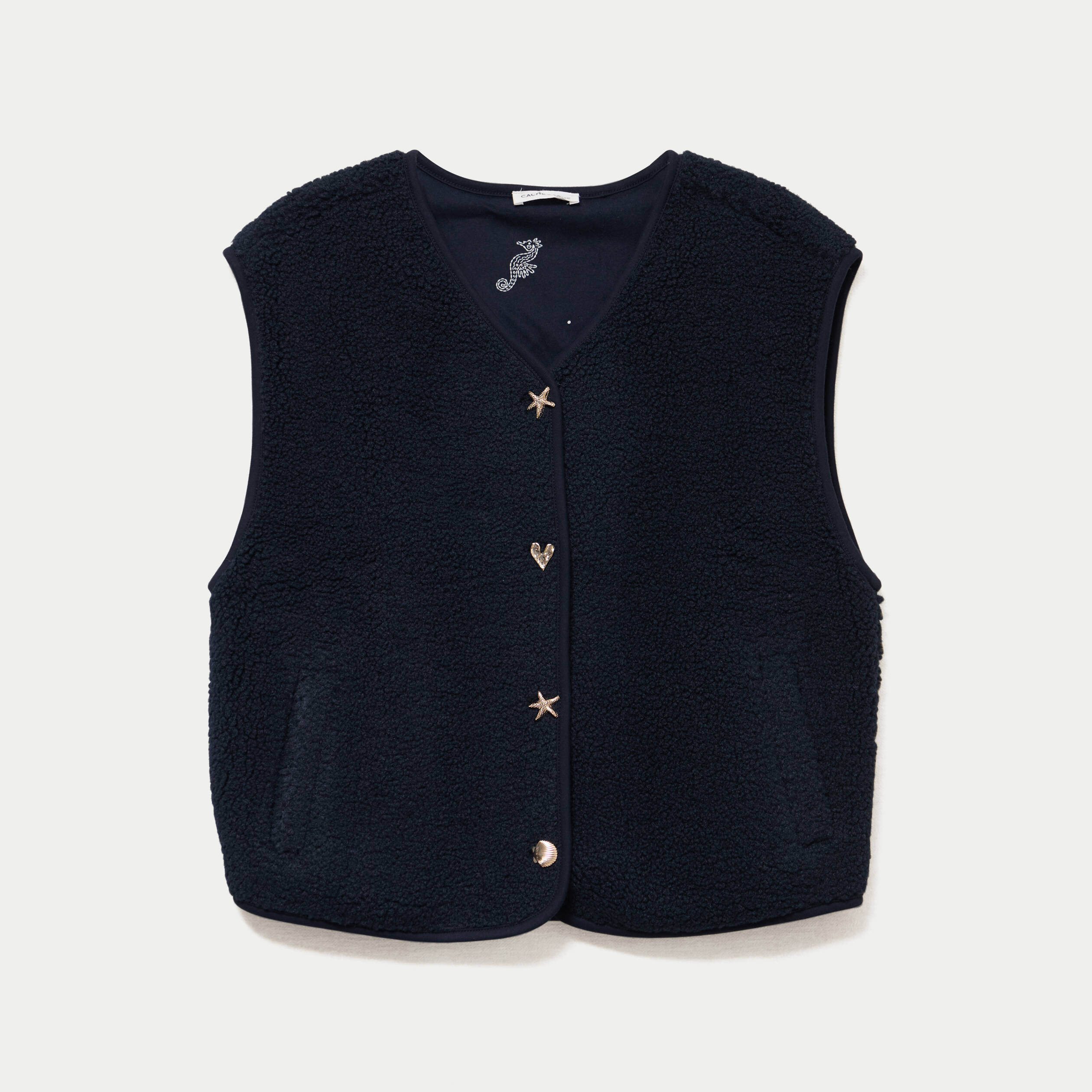 Gilet sans manches effet polaire col v bleu marine femme