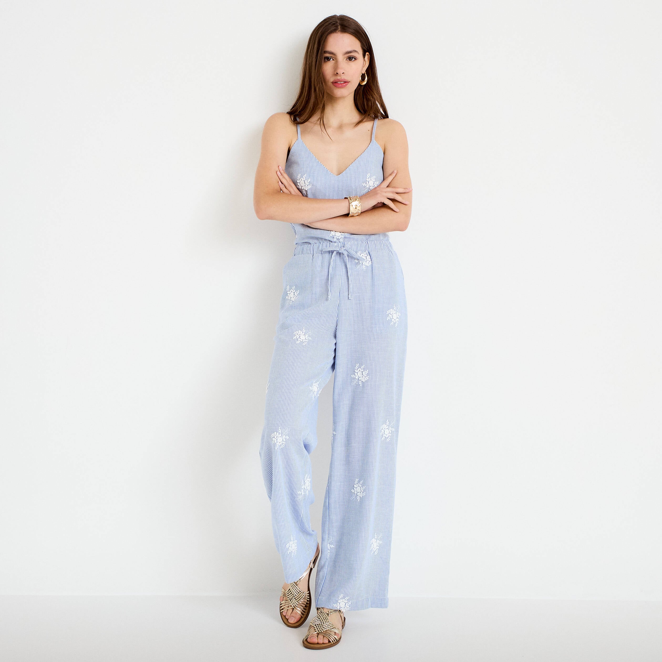 Pantalon large taille haute &agrave; relief blanc femme