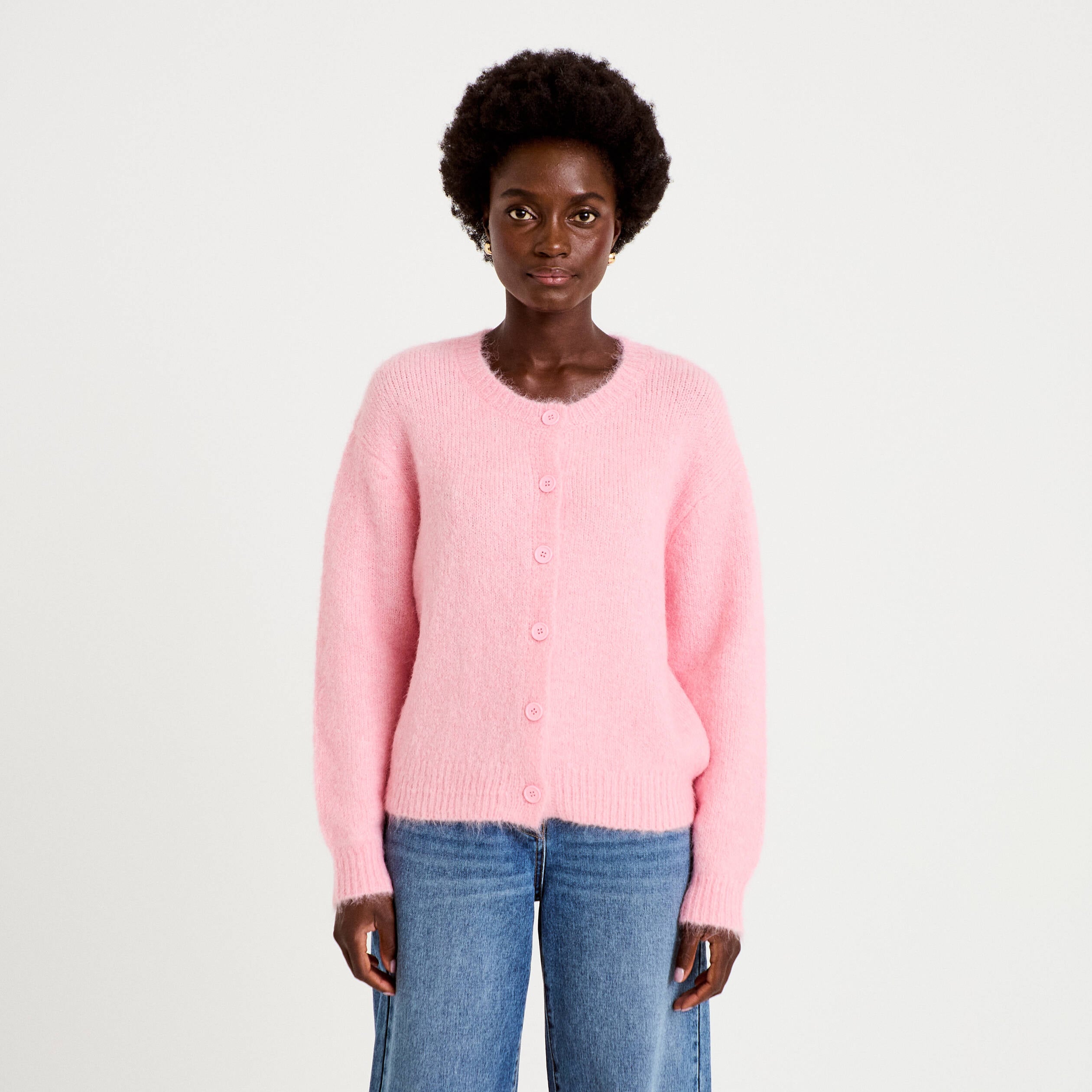 Gilet ample col rond manches longues rose femme