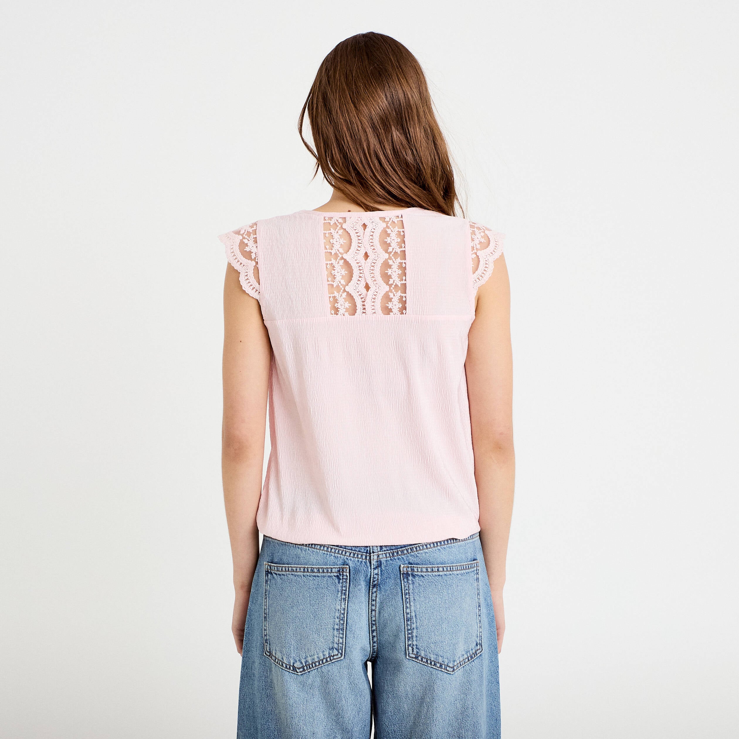 Blouse sans manches pliss&eacute;e rose clair femme