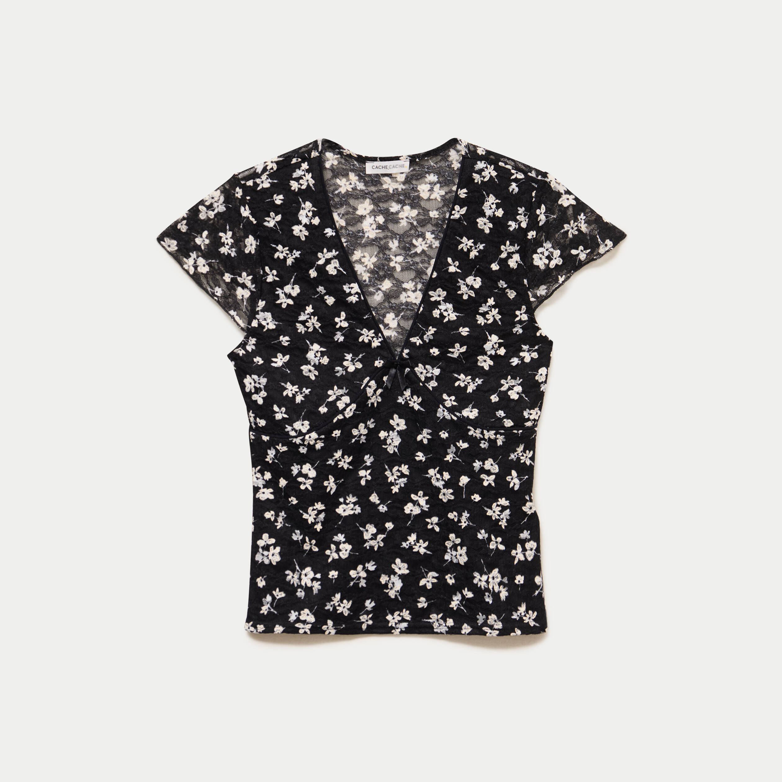 T-shirt ajust&eacute; court d&eacute;collet&eacute; dentelle noir femme