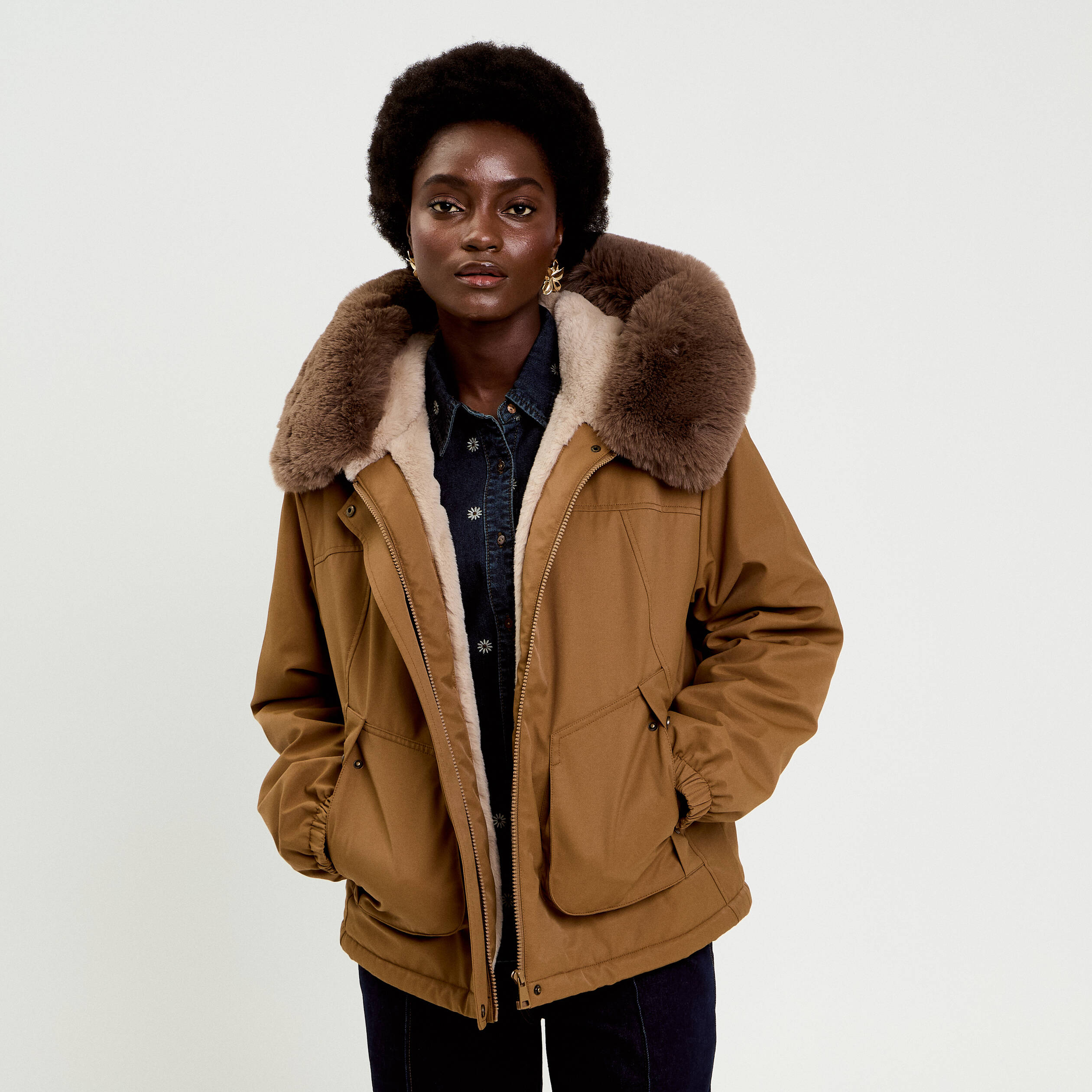 Parka col fausse fourrure amovible marron fonc&eacute; femme