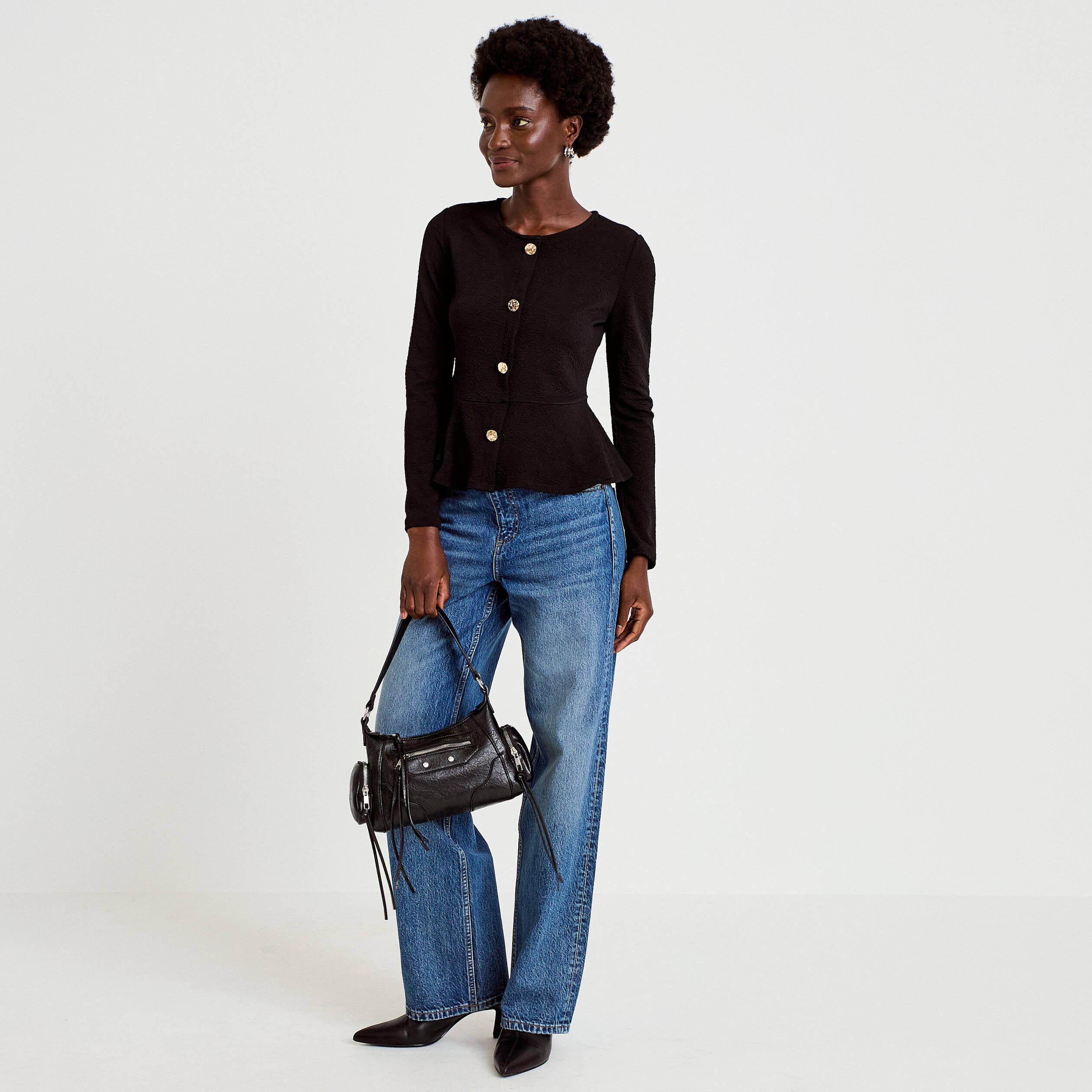 Top p&eacute;plum ajust&eacute; manches longues noir femme