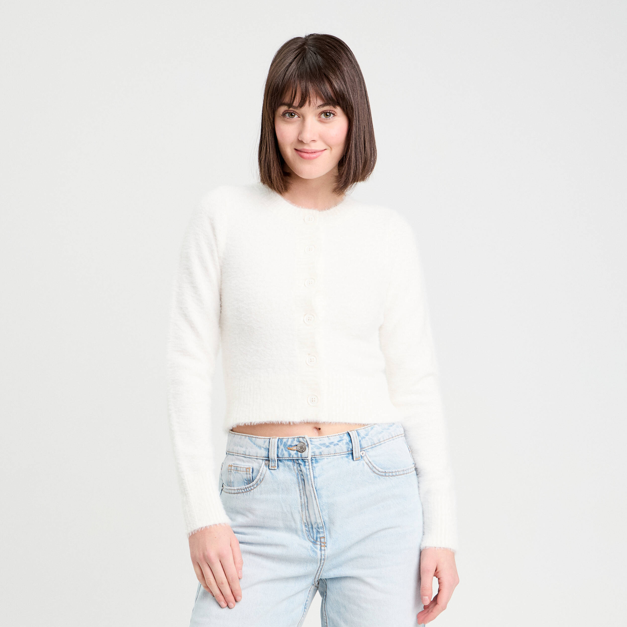 Gilet manches longues cropped ecru femme