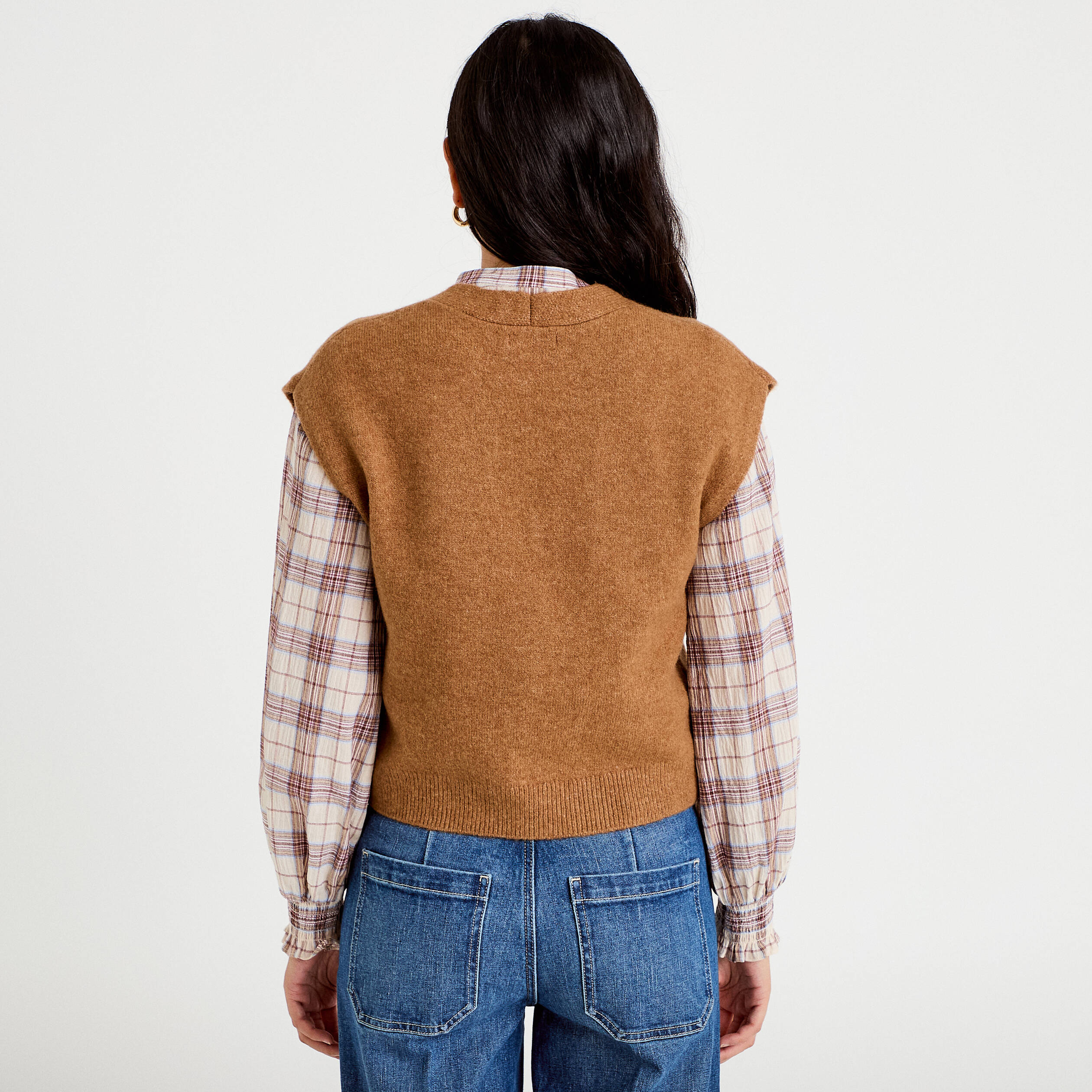 Gilet sans manches col v broderie marron femme