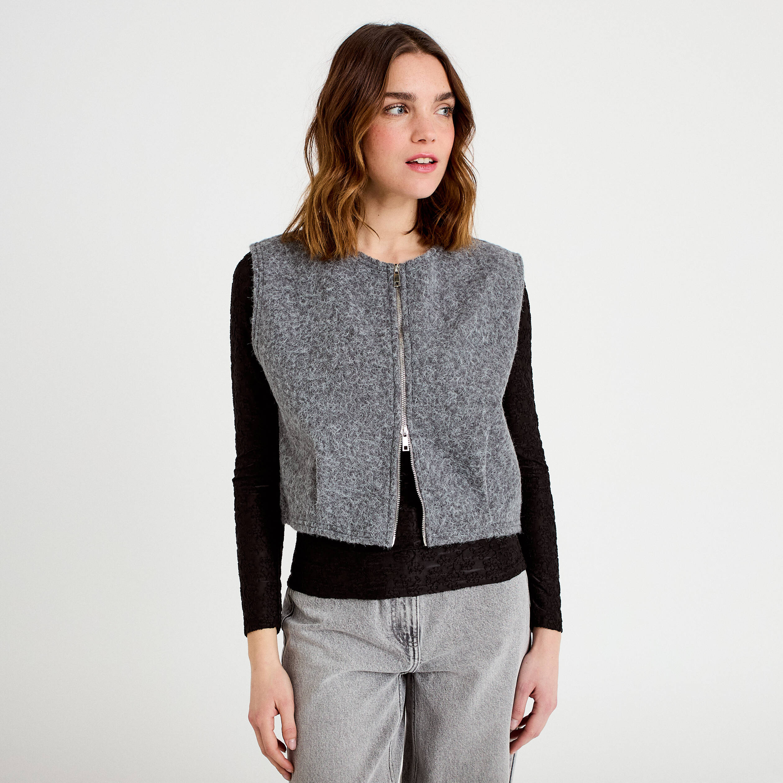 Veste sans manches effet polaire gris clair femme