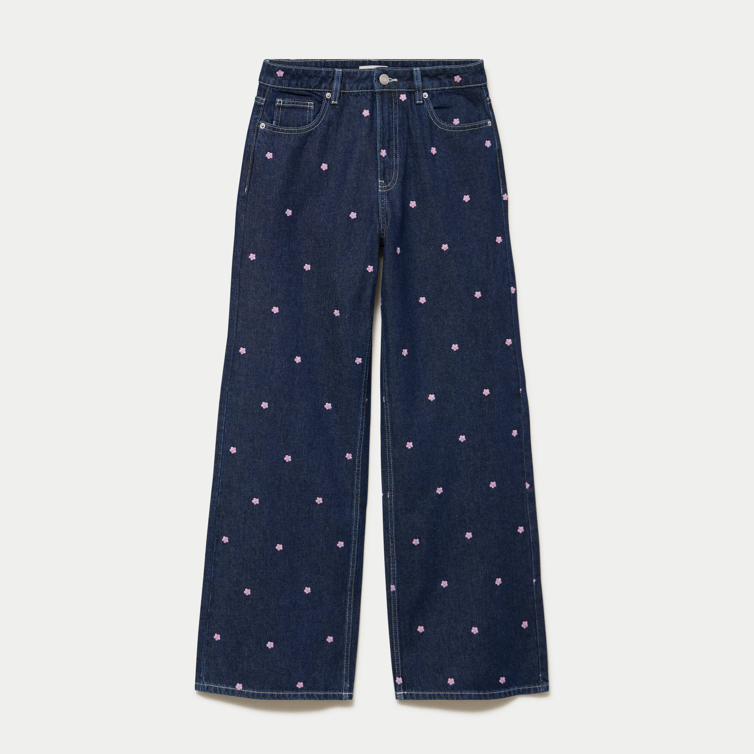 Jean wide leg taille haute brod&eacute; bleu fonc&eacute; femme