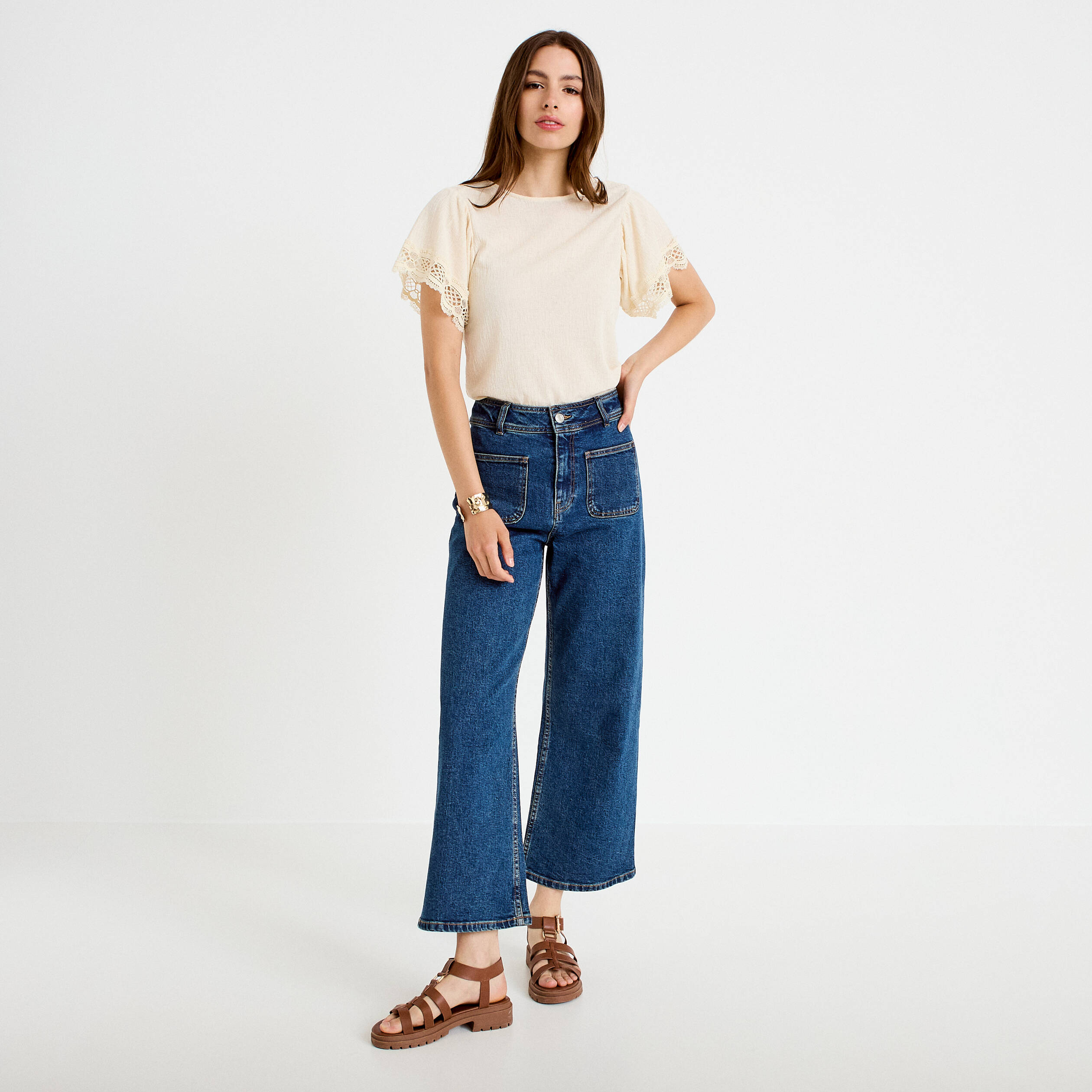 T-shirt col rond manches courtes ecru femme