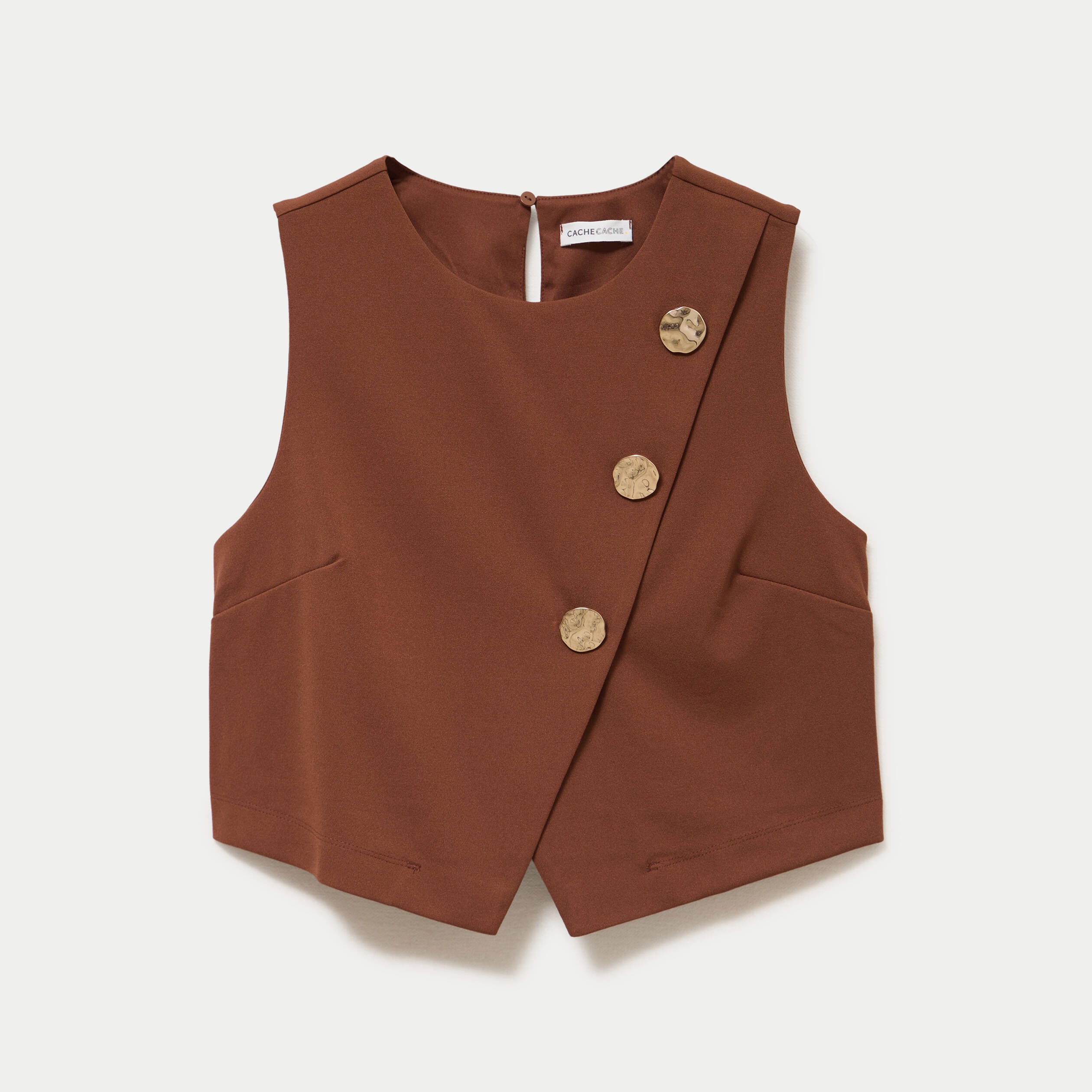 Top ajust&eacute; court sans manches col rond marron femme