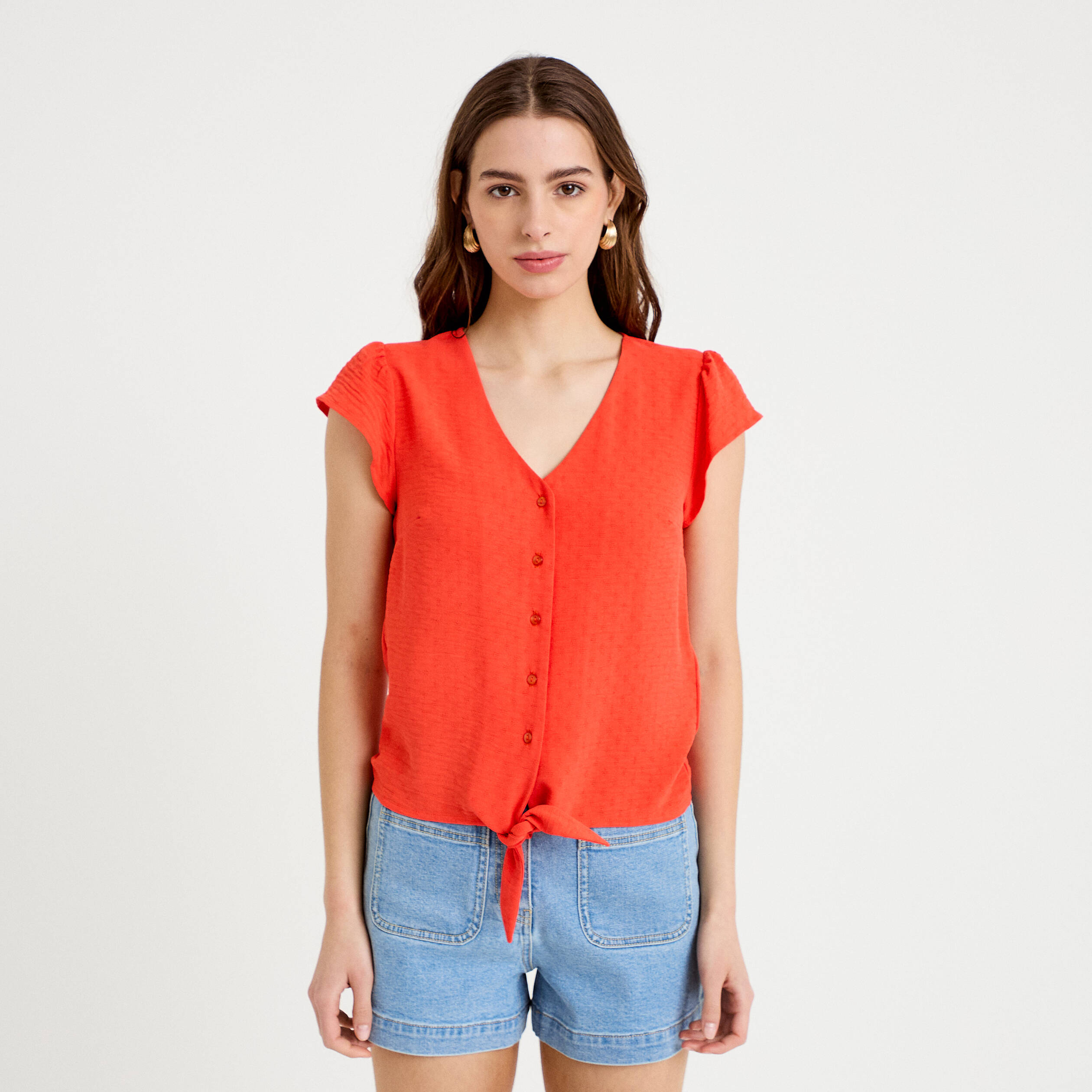 Blouse manches courtes orange fonc&eacute; femme