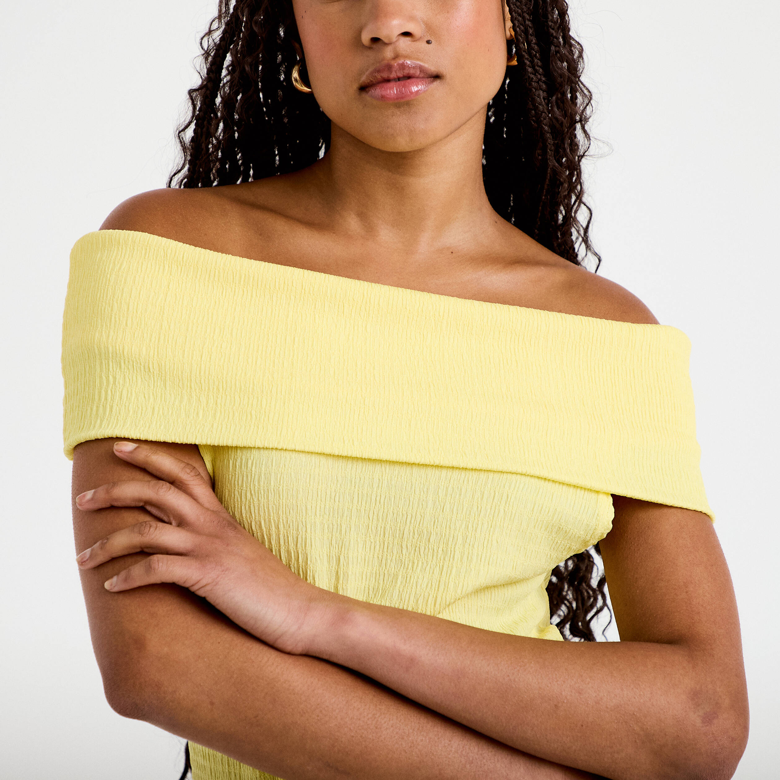 Top col bardot jaune pastel femme