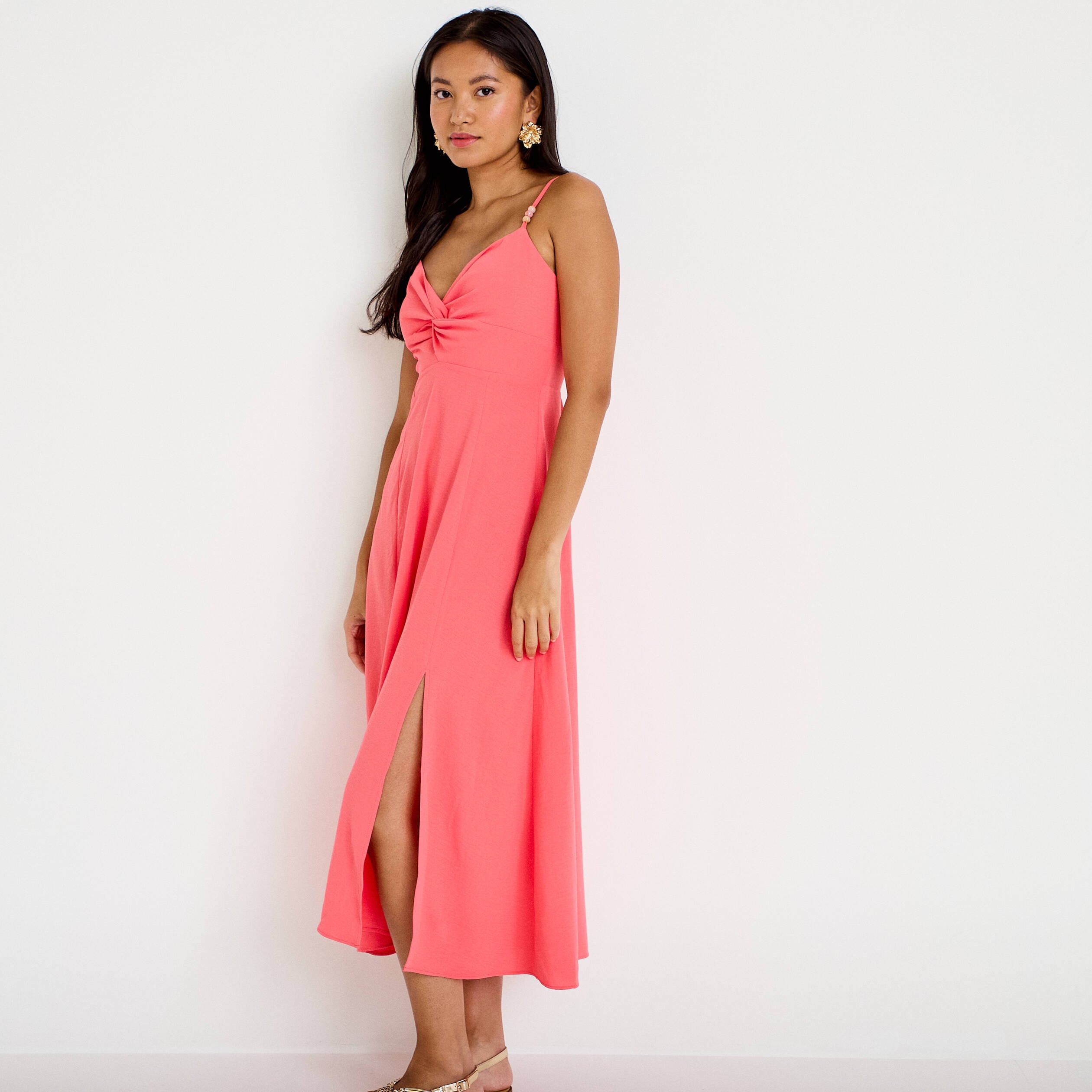 Robe longue &eacute;vas&eacute;e fendue rose femme