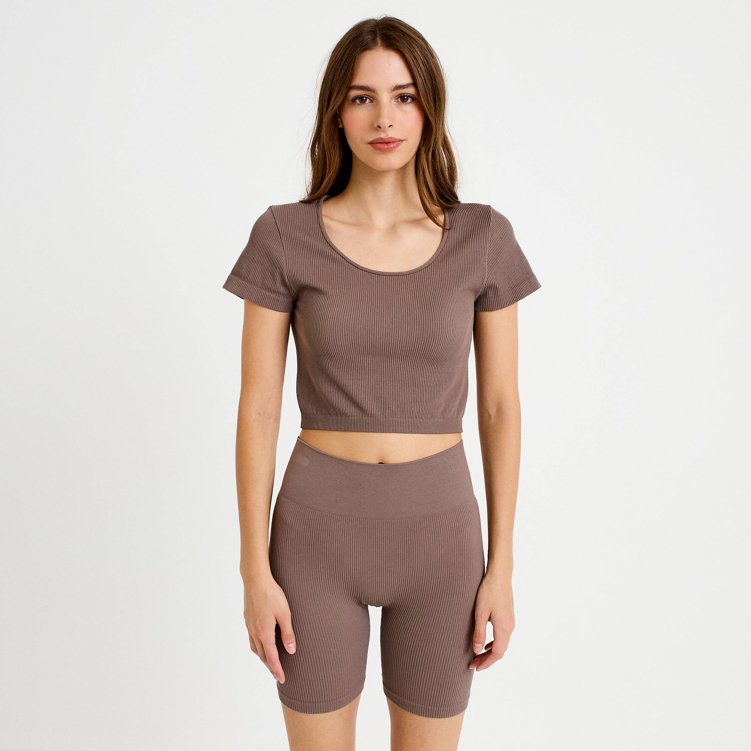 Crop top sans couture col rond marron clair femme