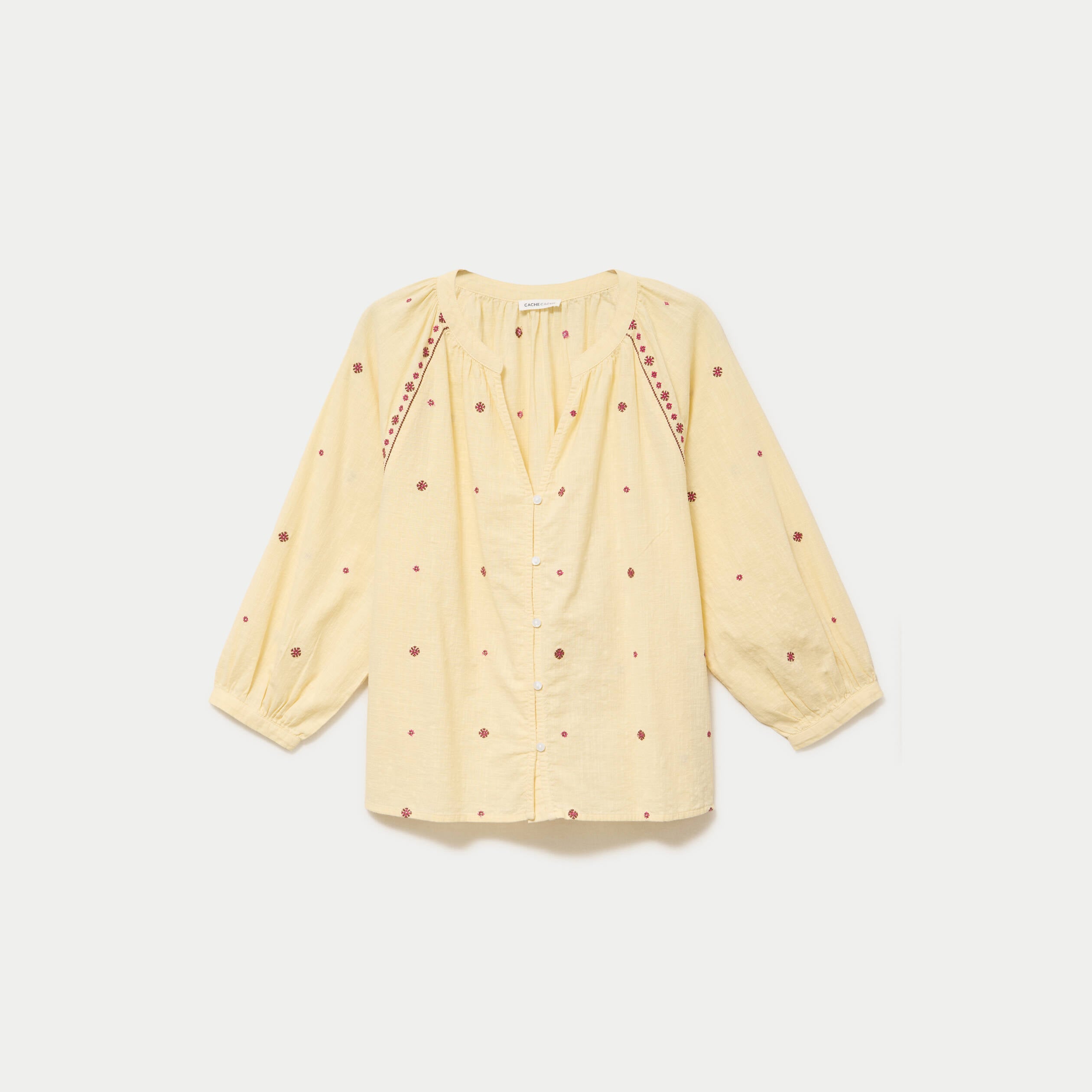 Blouse ample col tunisien manches 3/4 jaune pastel femme