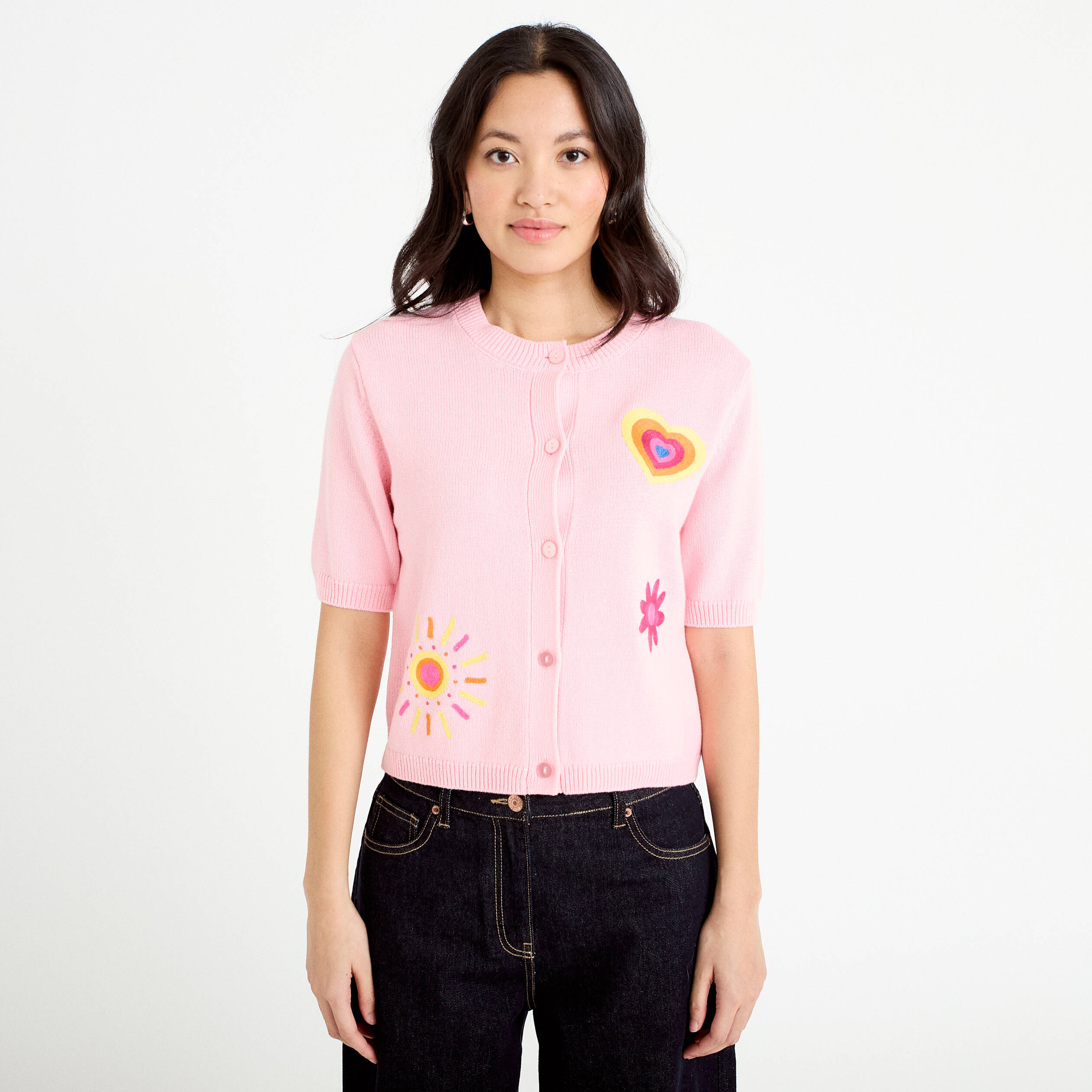 Gilet brod&eacute; manches courtes rose corail femme