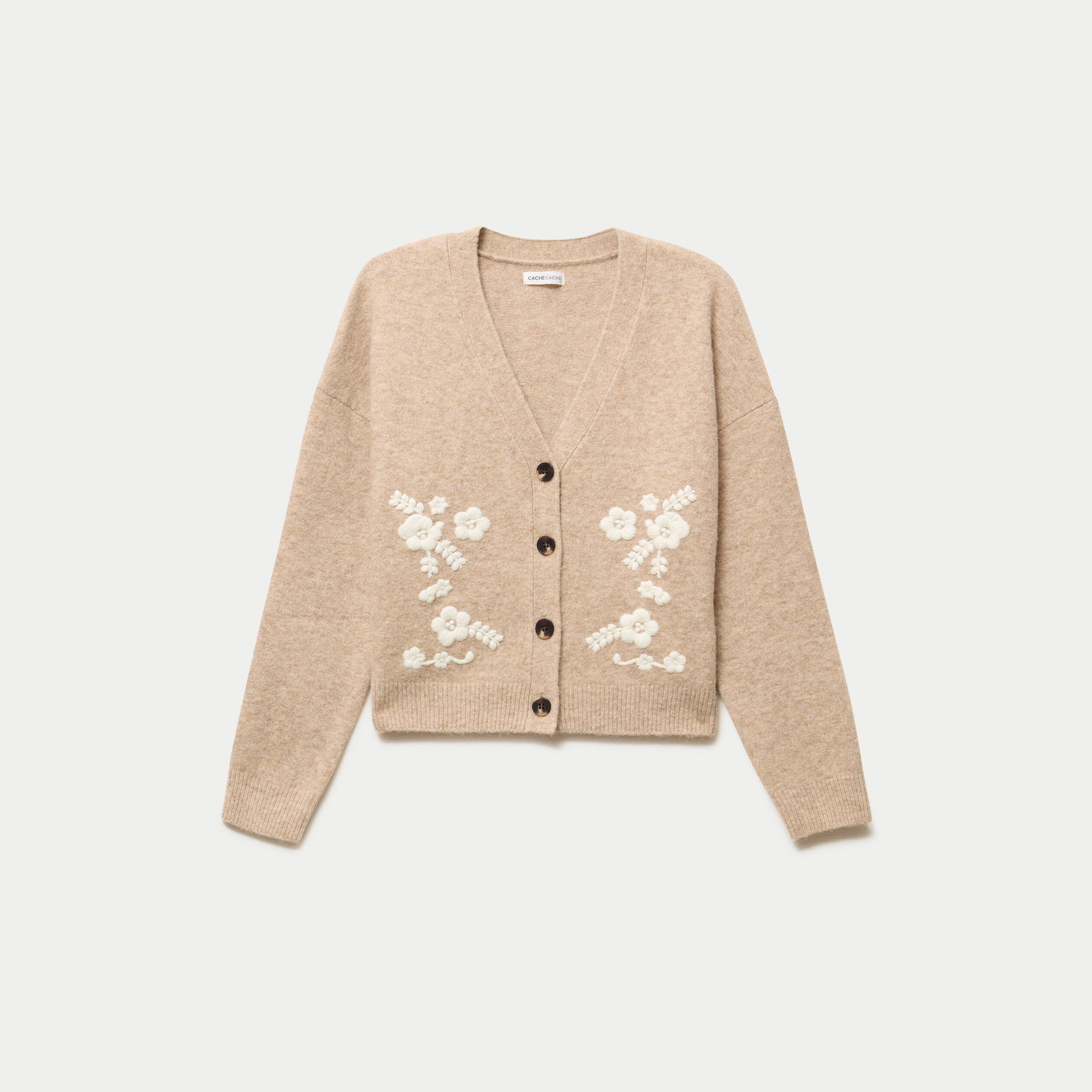Gilet brod&eacute; col v manches longues beige femme