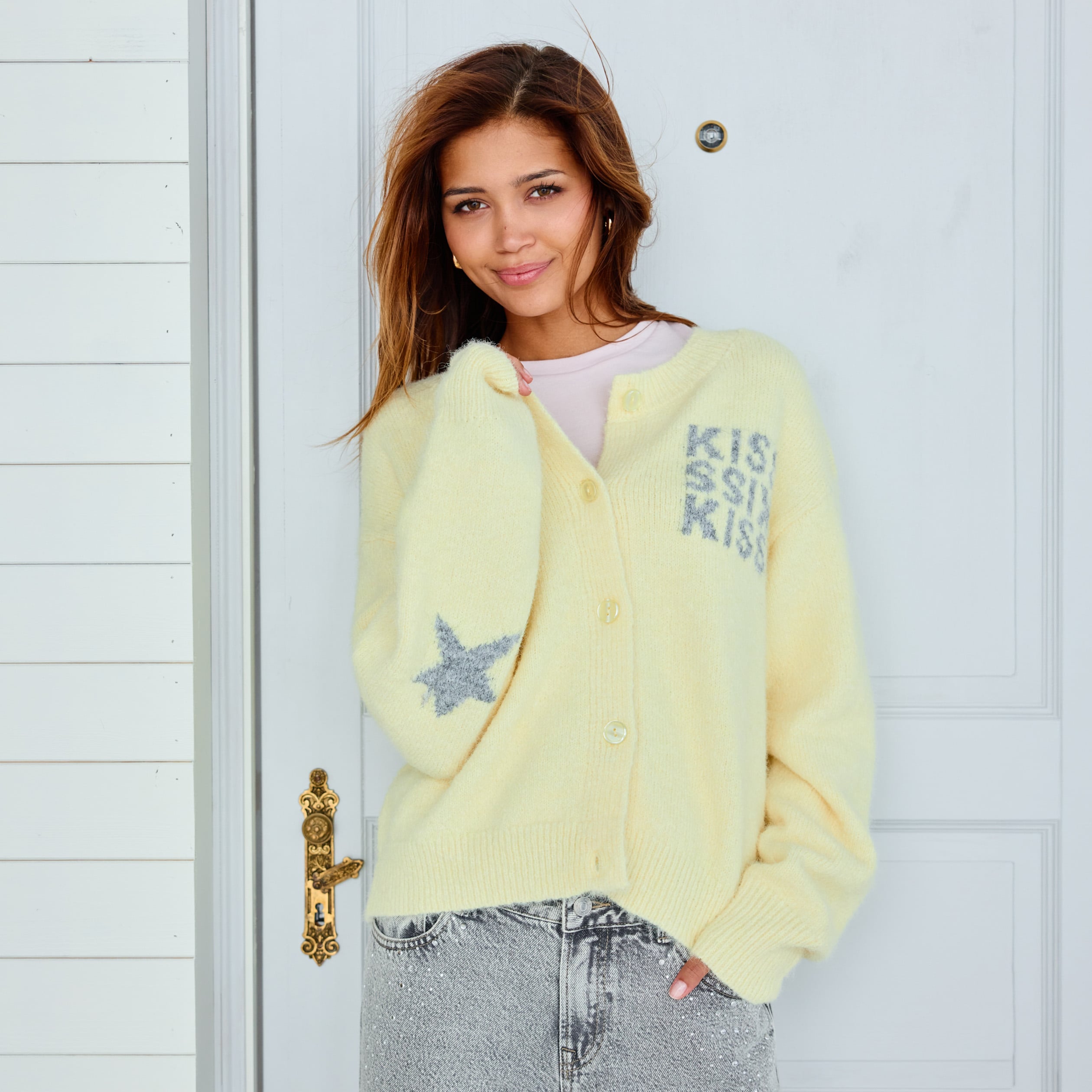 Gilet ample col rond manches longues jaune clair femme
