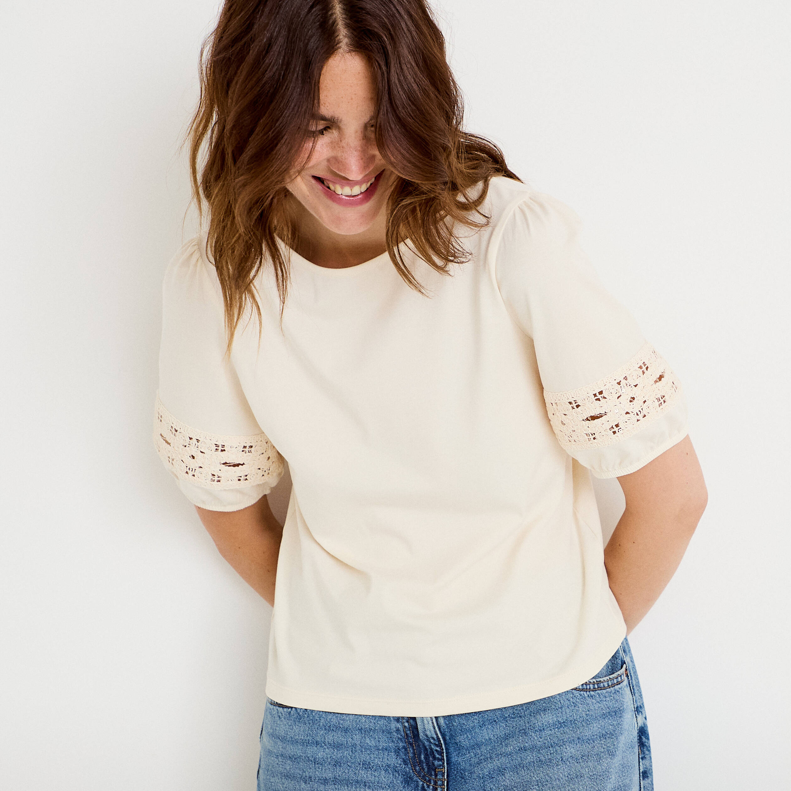 T-shirt col rond manches courtes ecru femme