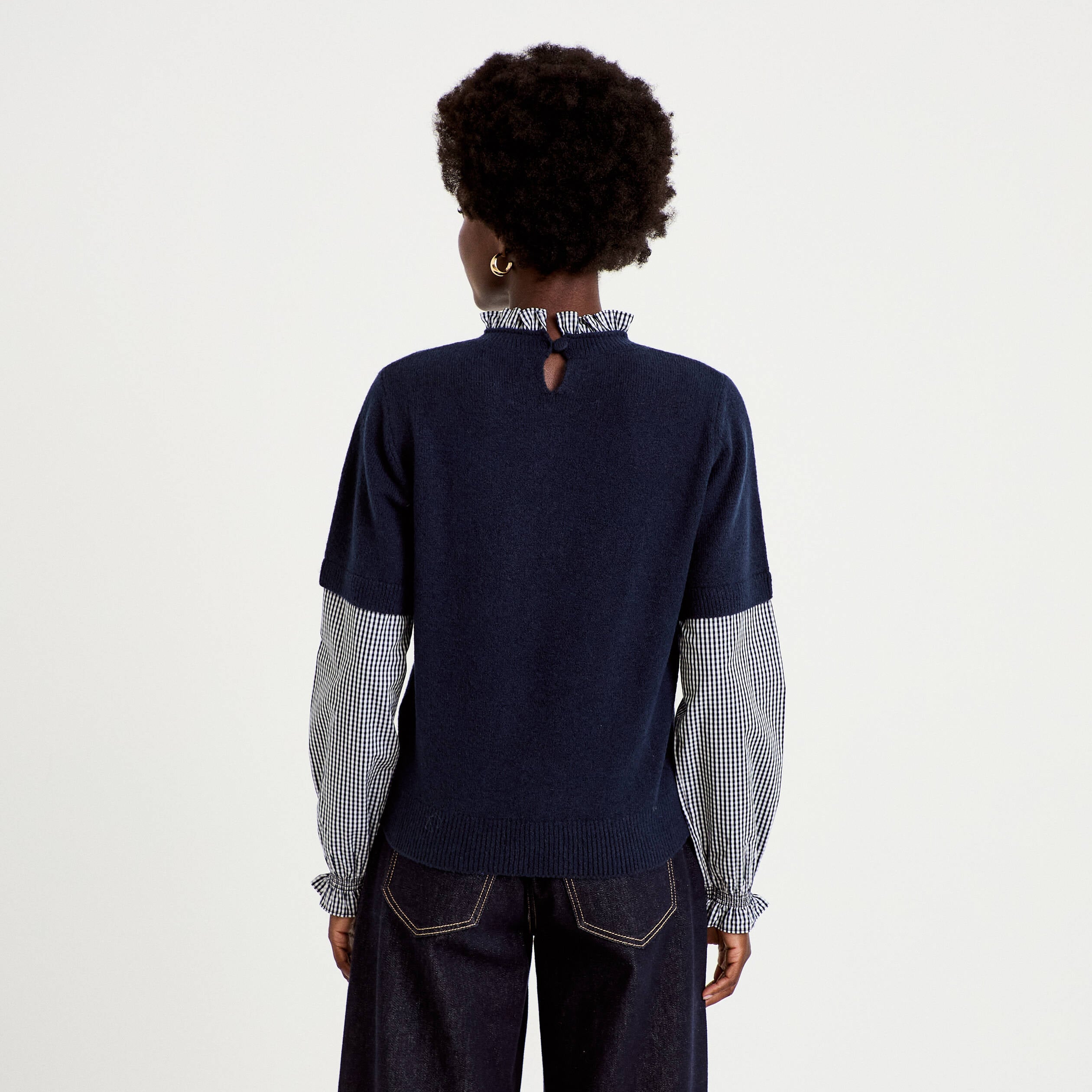 Pull col rond vichy manches longues bleu marine femme