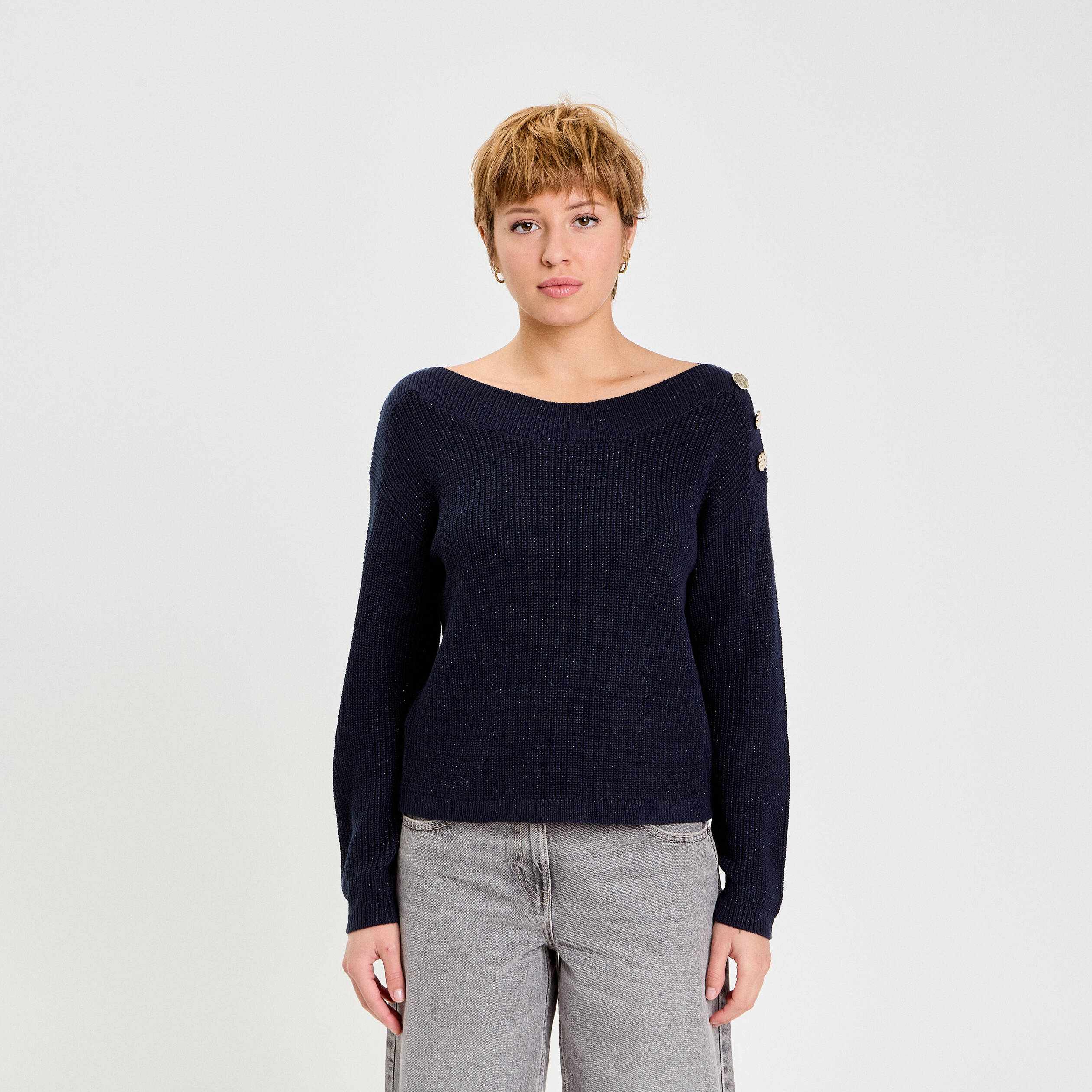 Pull col bateau bleu marine femme