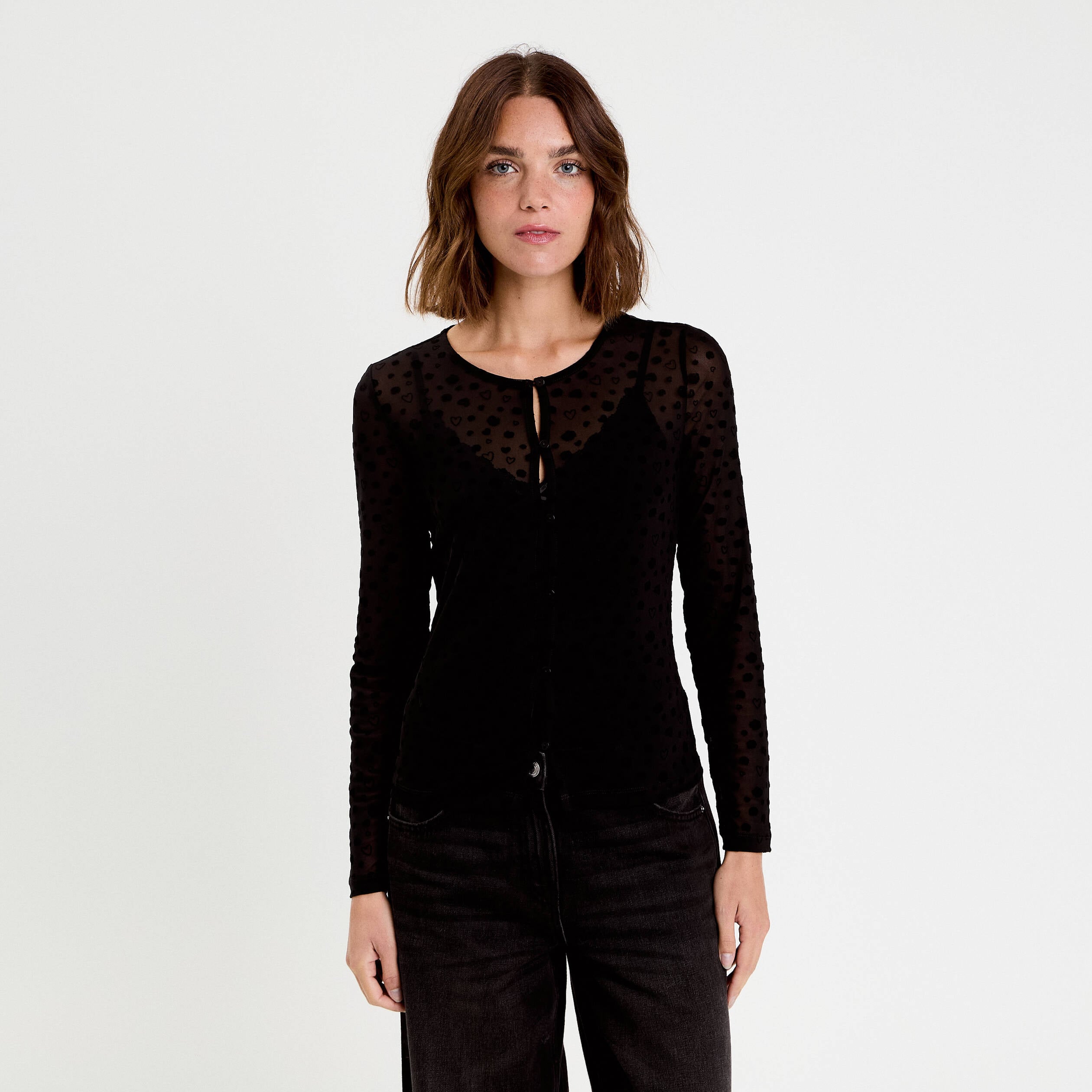Gilet transparent manches longues noir femme