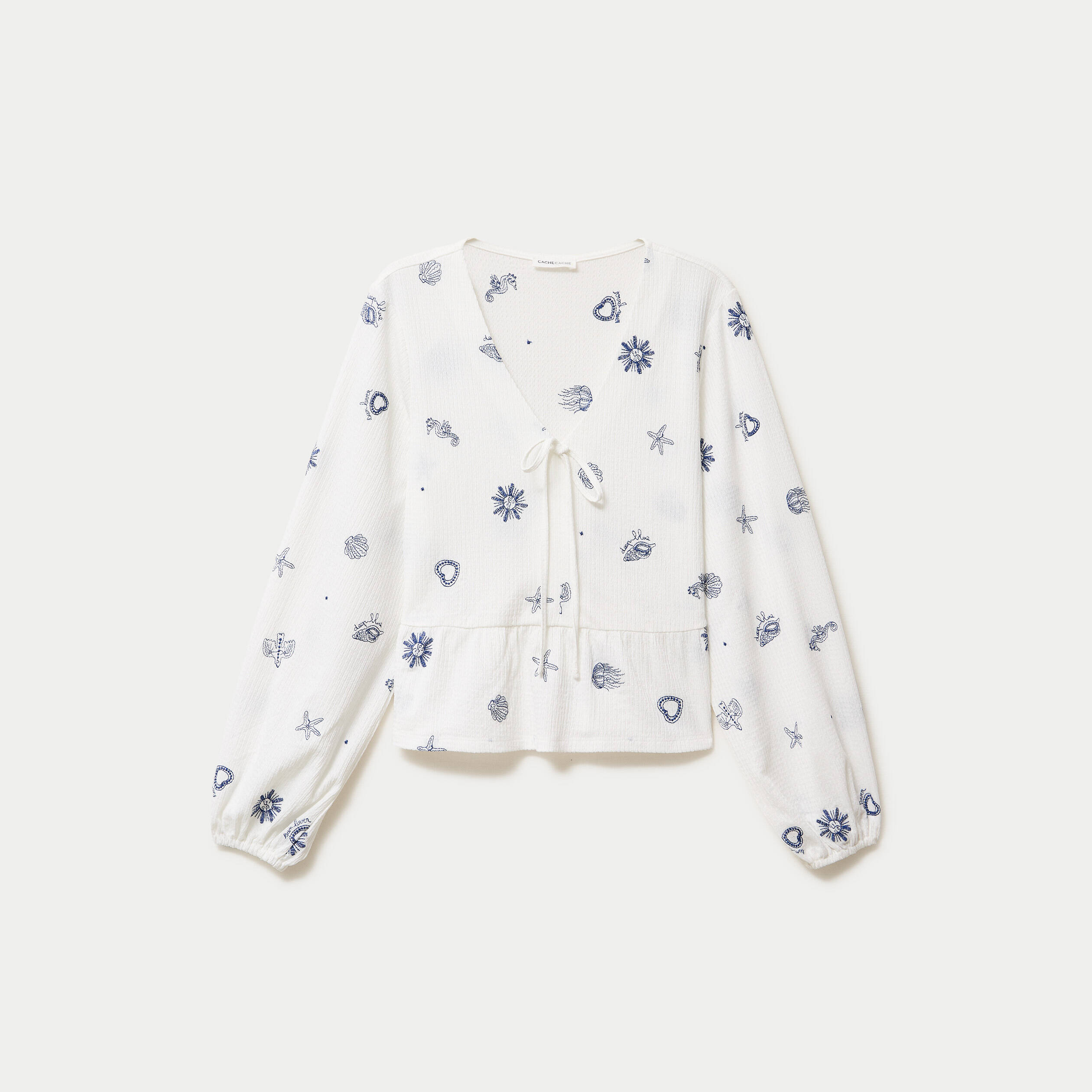Blouse cintr&eacute;e col v manches longues blanc femme