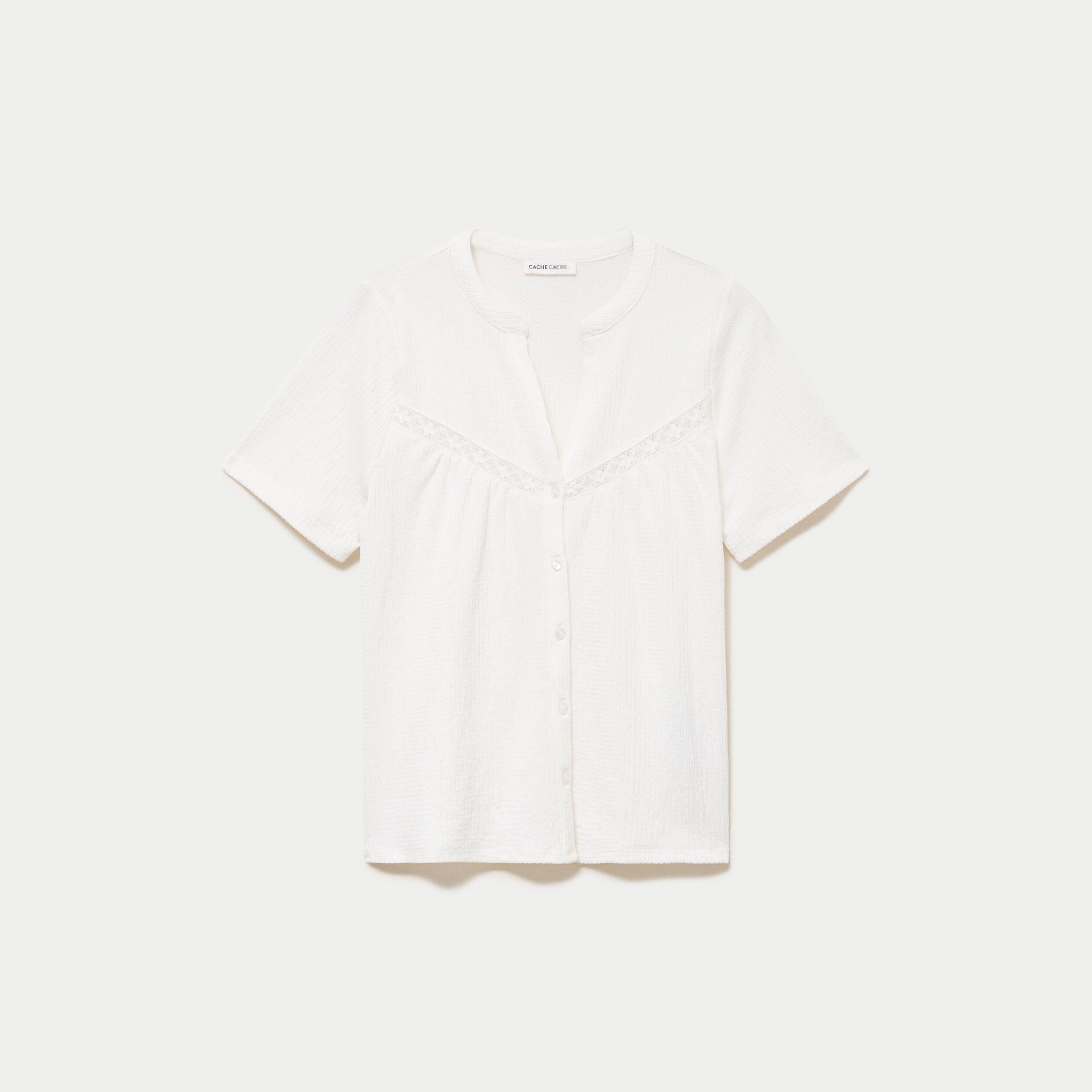 Blouse pliss&eacute;e col v manches courtes ecru femme