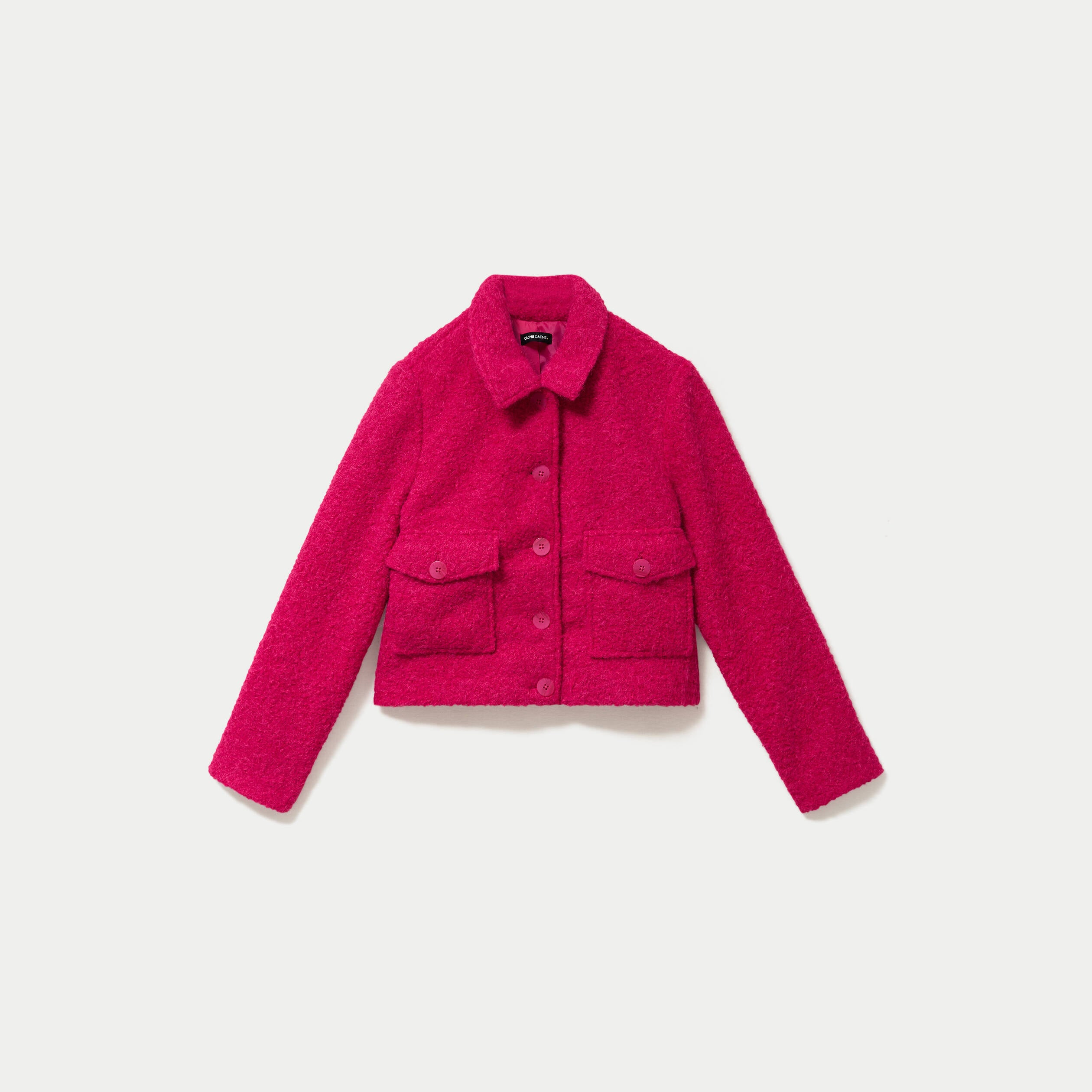 Veste droite courte en bouclette rose fushia femme