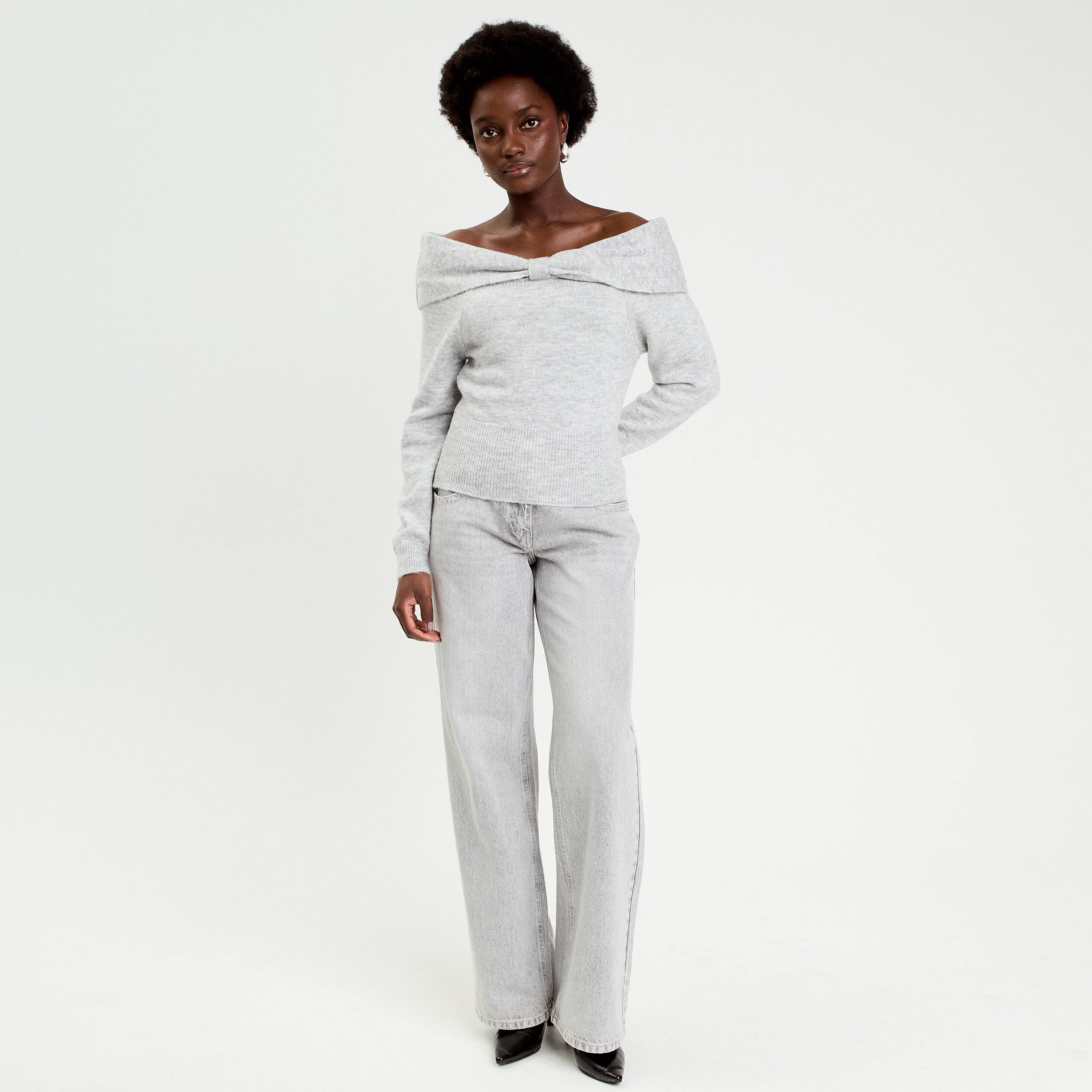 Pull col bardot manches longues gris clair femme