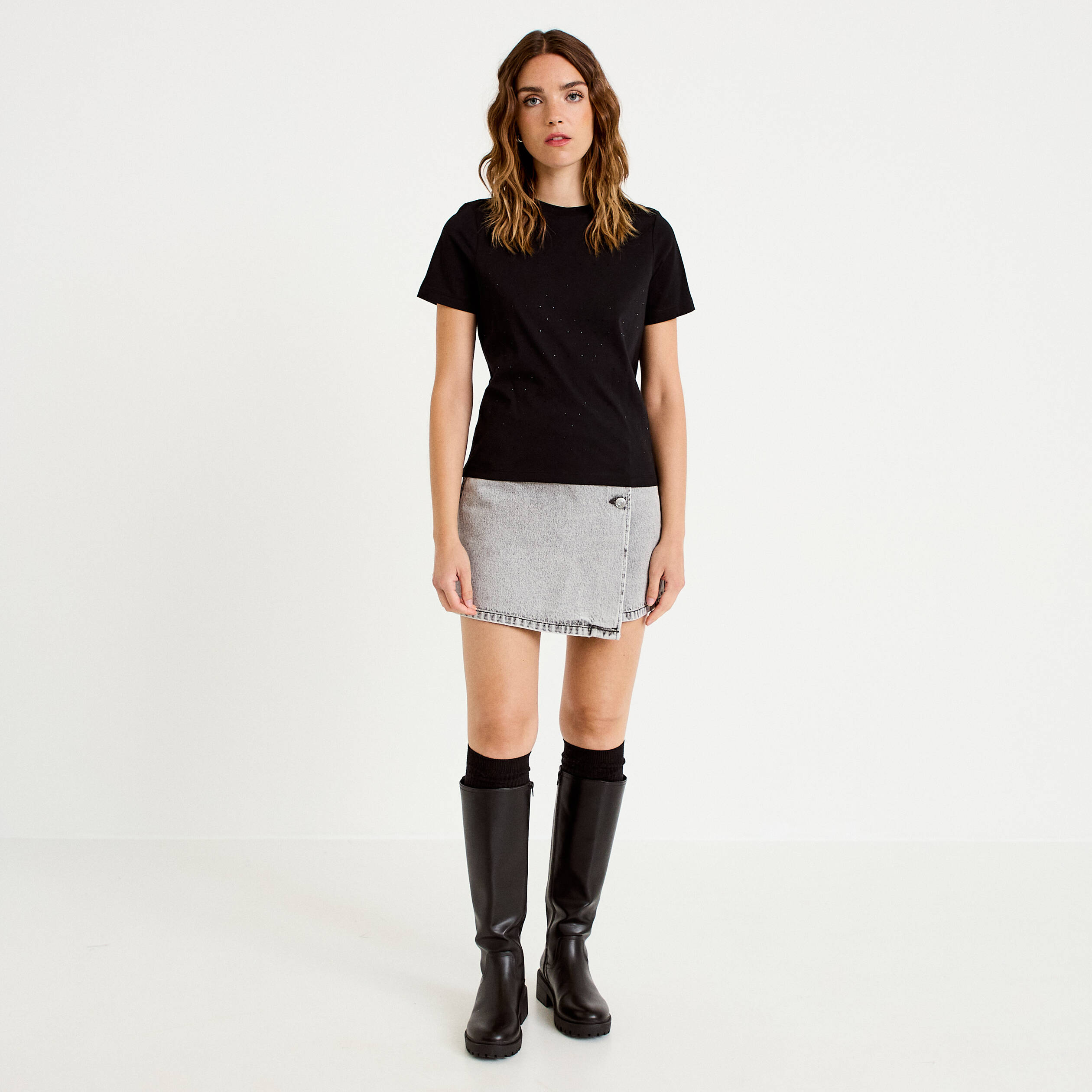 Jupe-short droite en jean denim gris femme