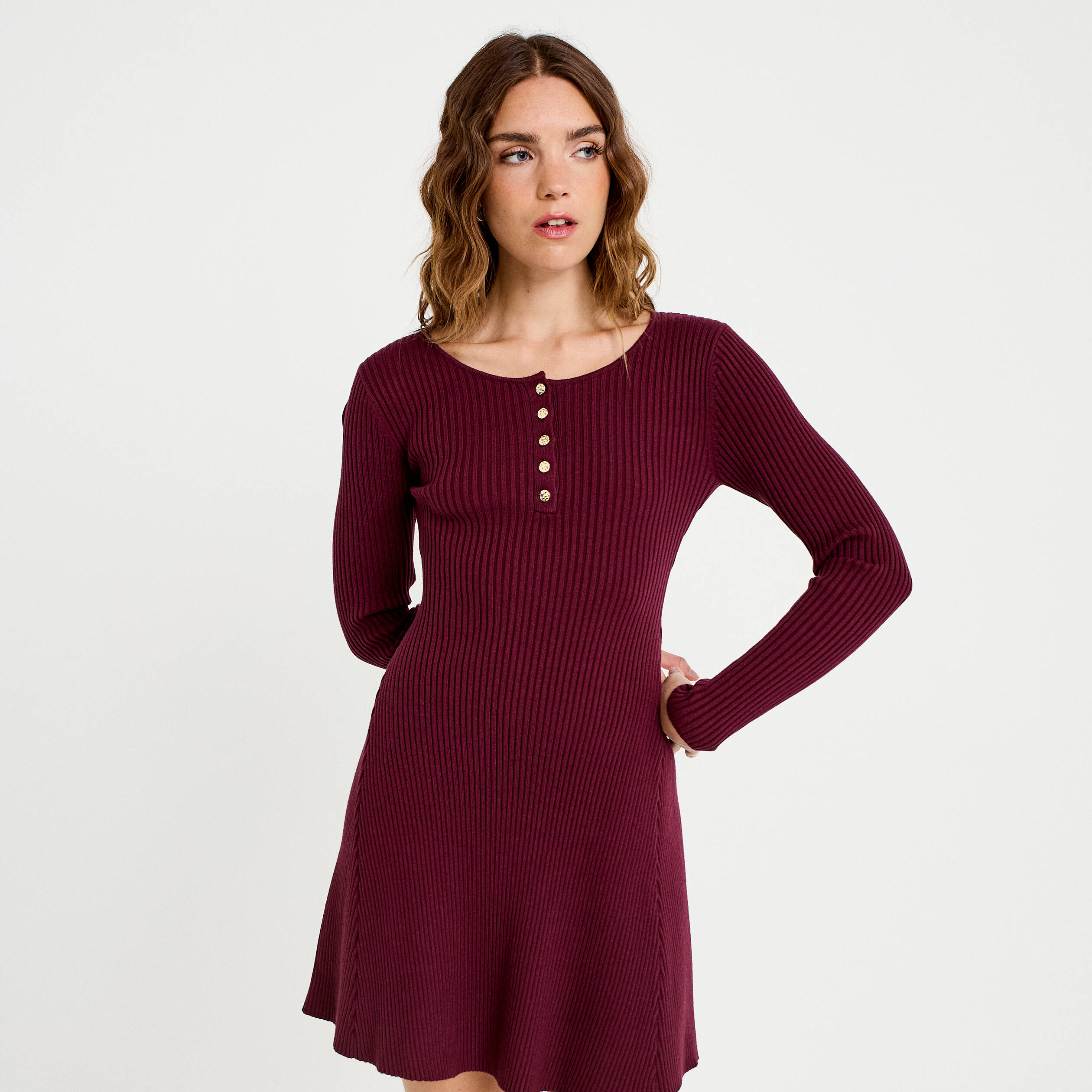 Robe pull patineuse manches longues bordeaux femme