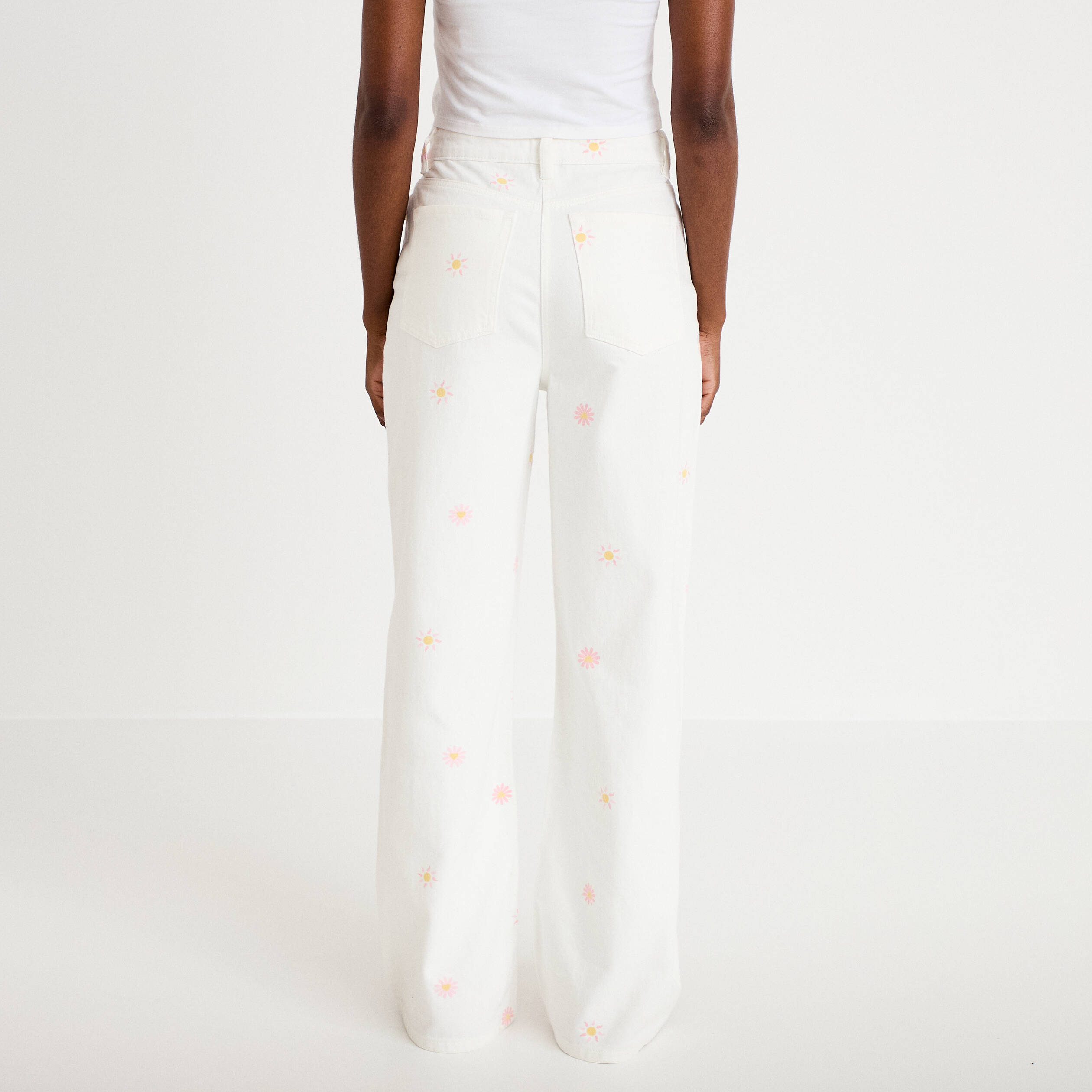 Jean wide leg taille haute &agrave; motif blanc femme
