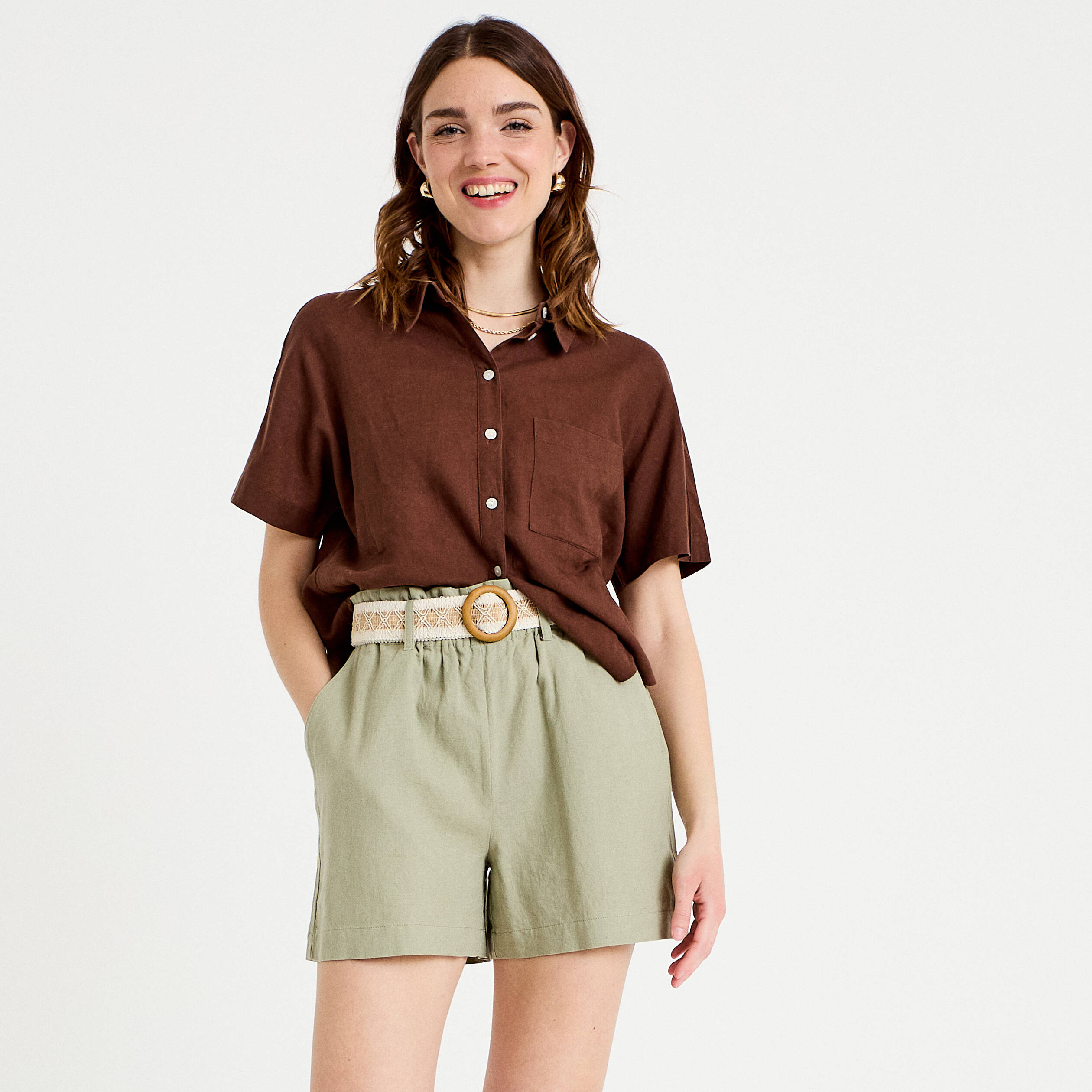 Short flare avec ceinture amovible vert kaki femme