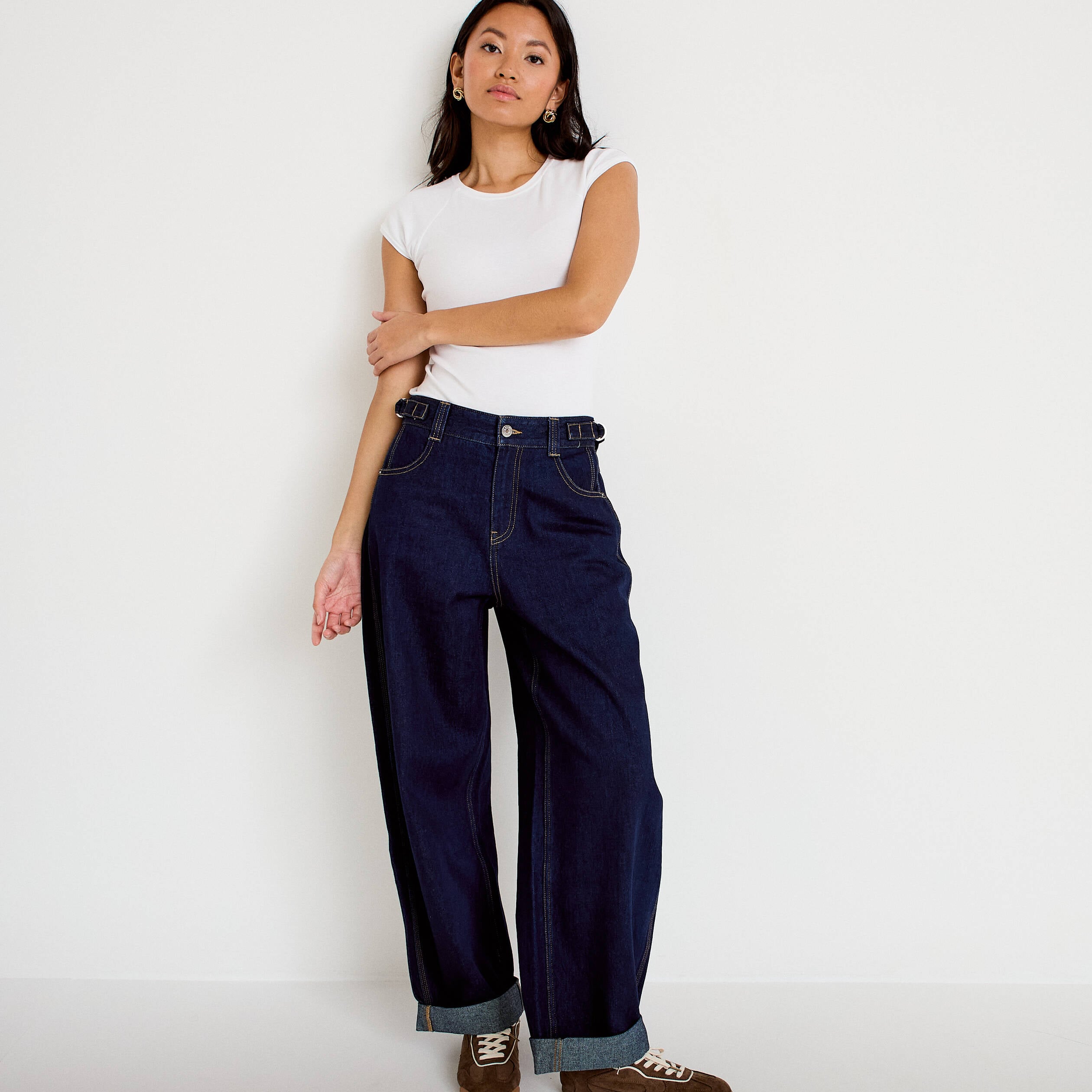 Jean barrel long en coton denim brut femme