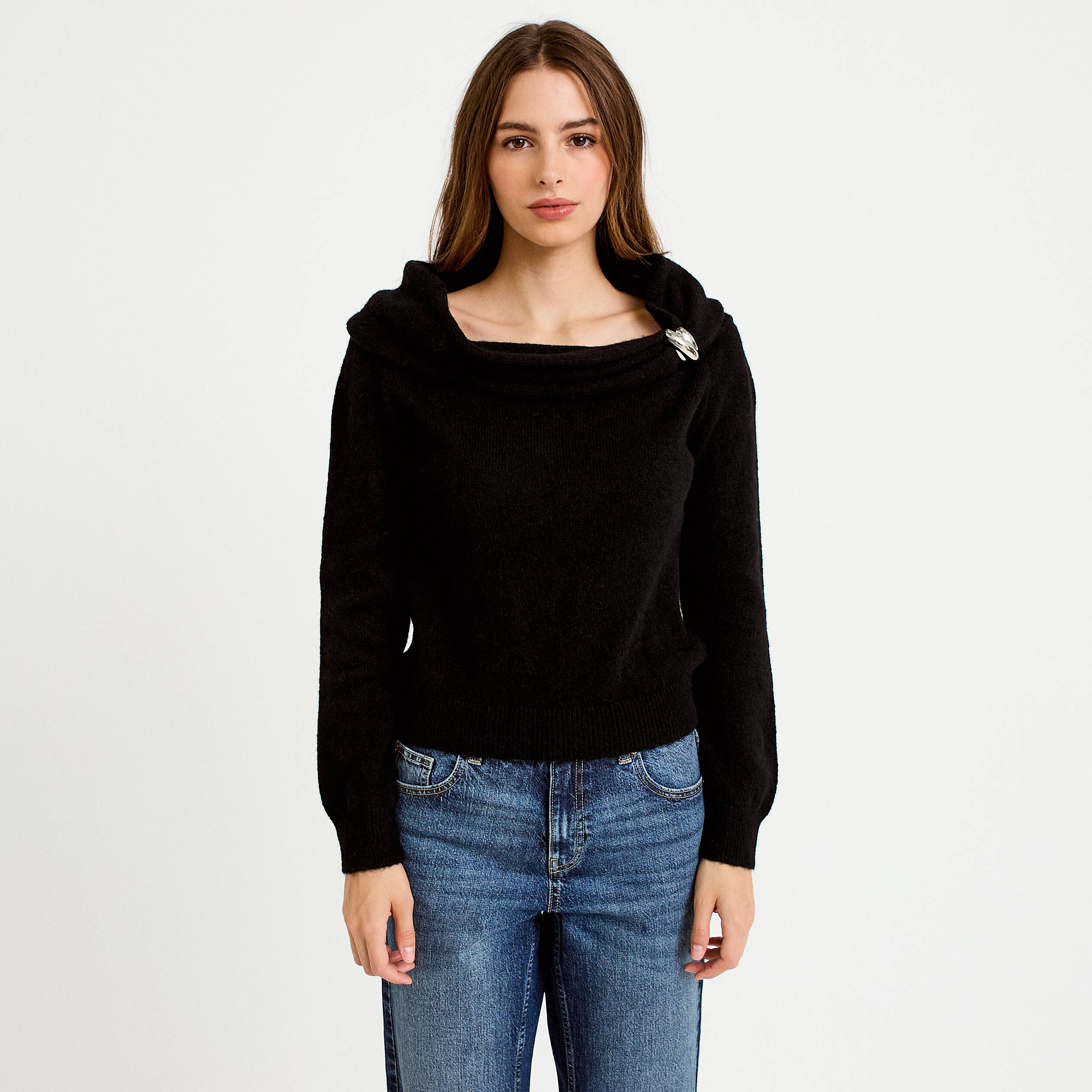 Pull col bardot manches longues noir femme