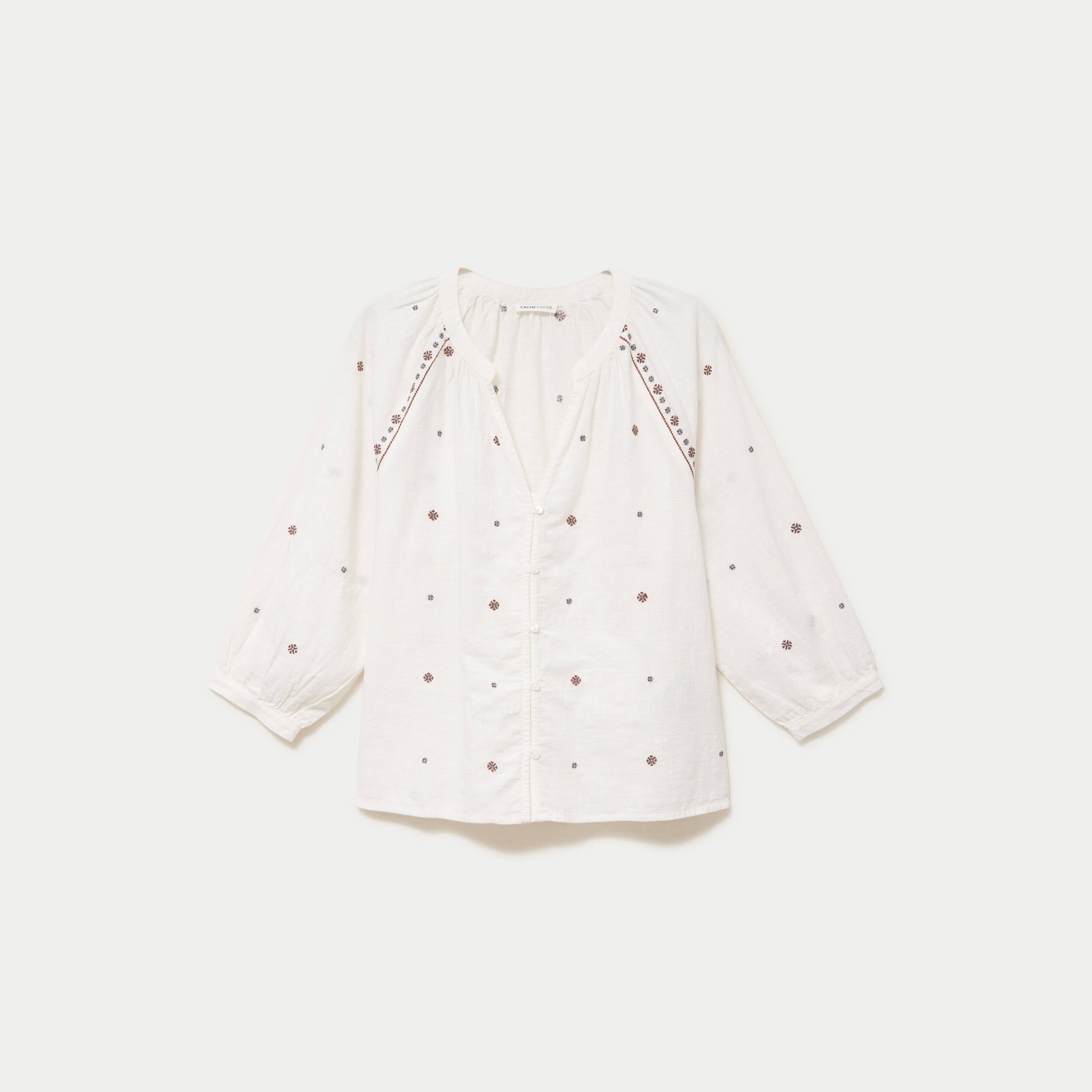 Blouse ample col tunisien manches 3/4 ecru femme