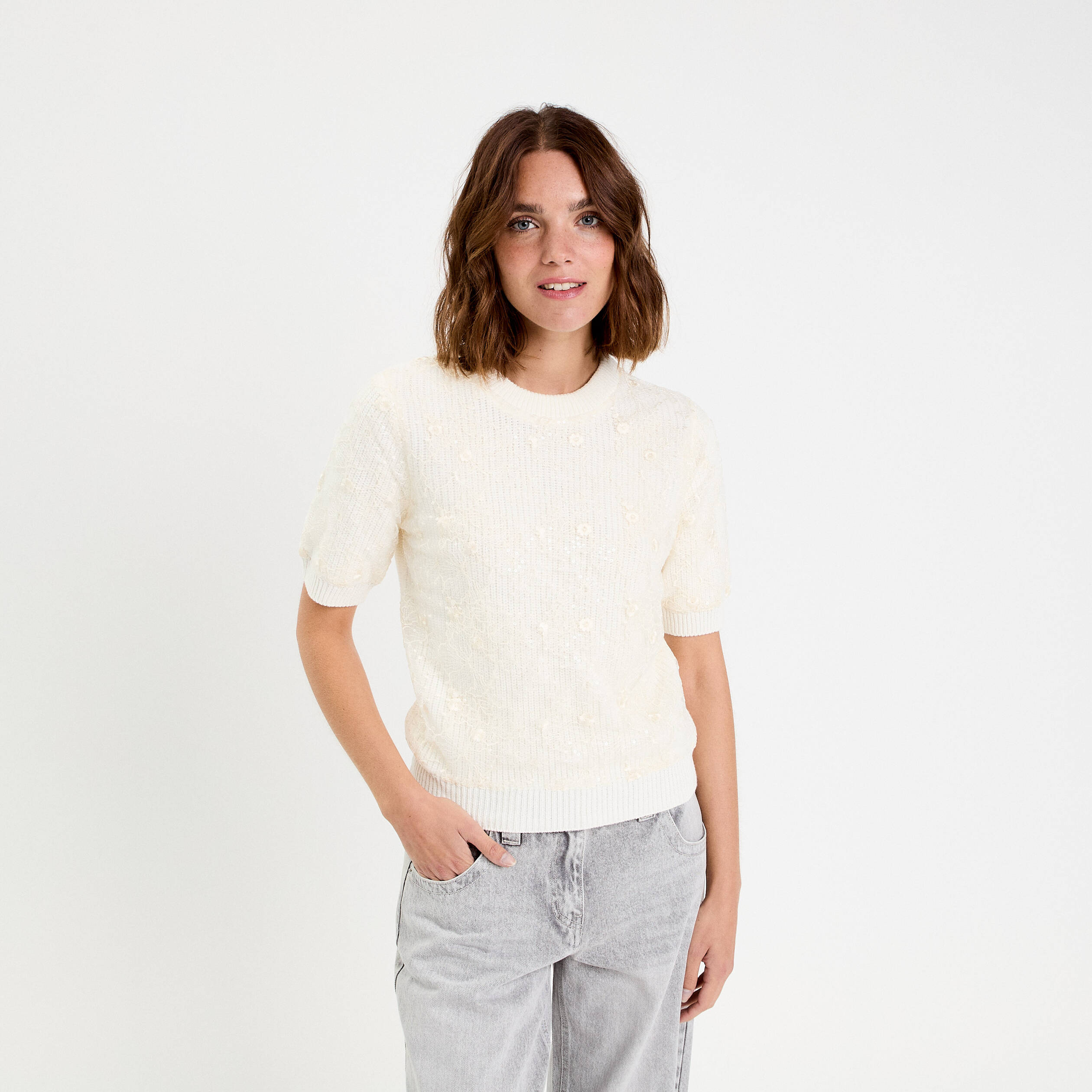Pull dentelle manches courtes ecru femme