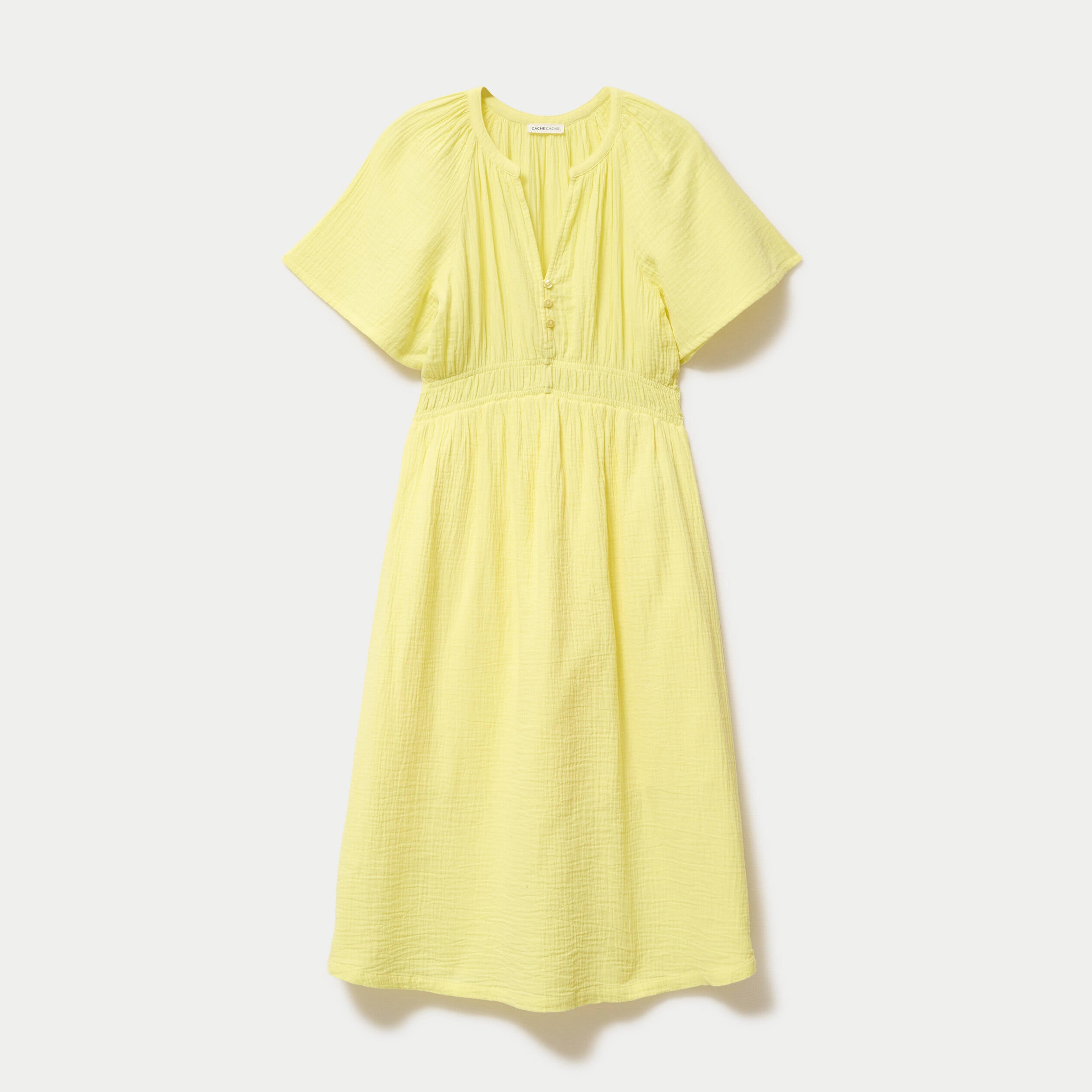 Robe midi pliss&eacute;e col v manches courtes jaune citron femme