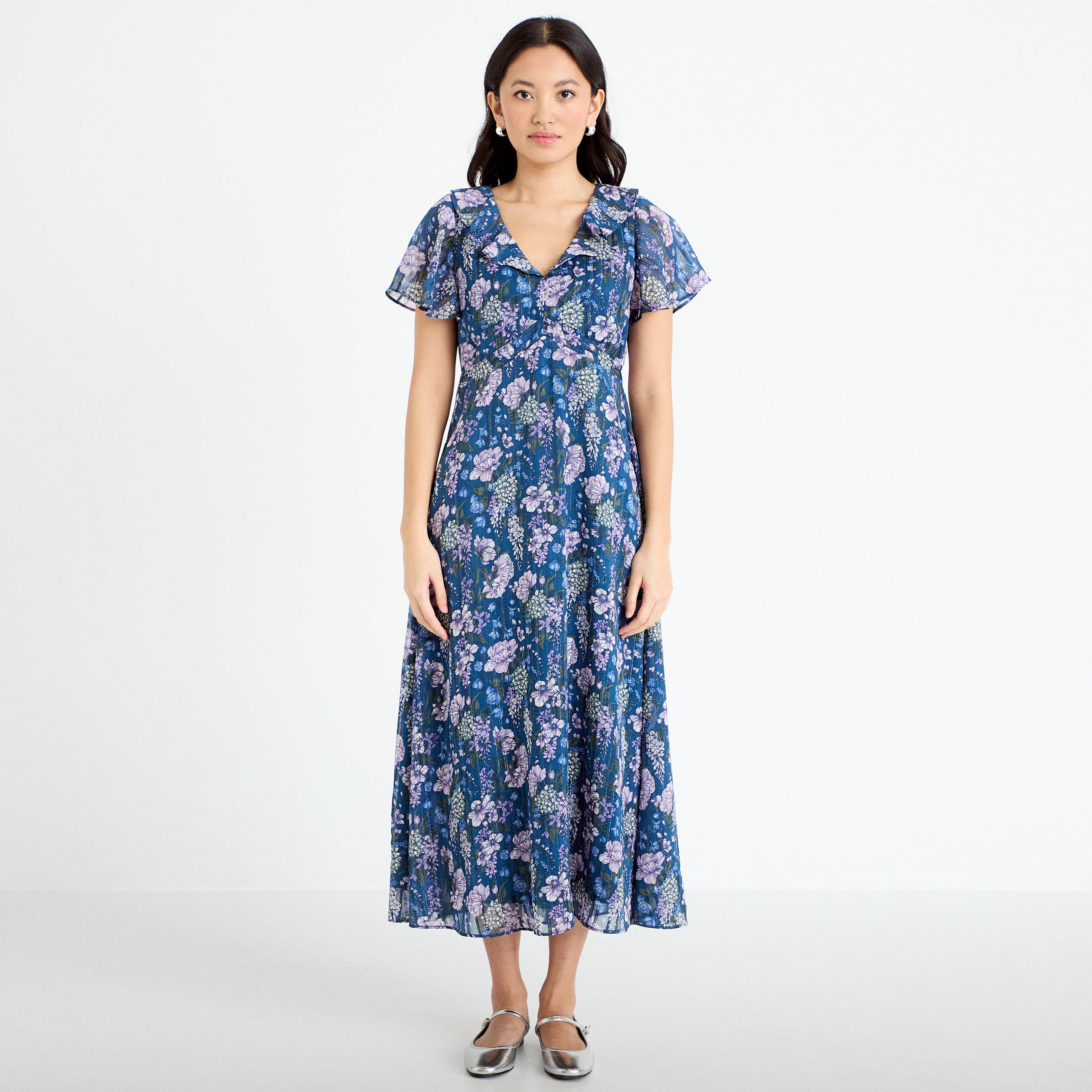 Robe longue &eacute;vas&eacute;e Bridgerton bleu marine femme