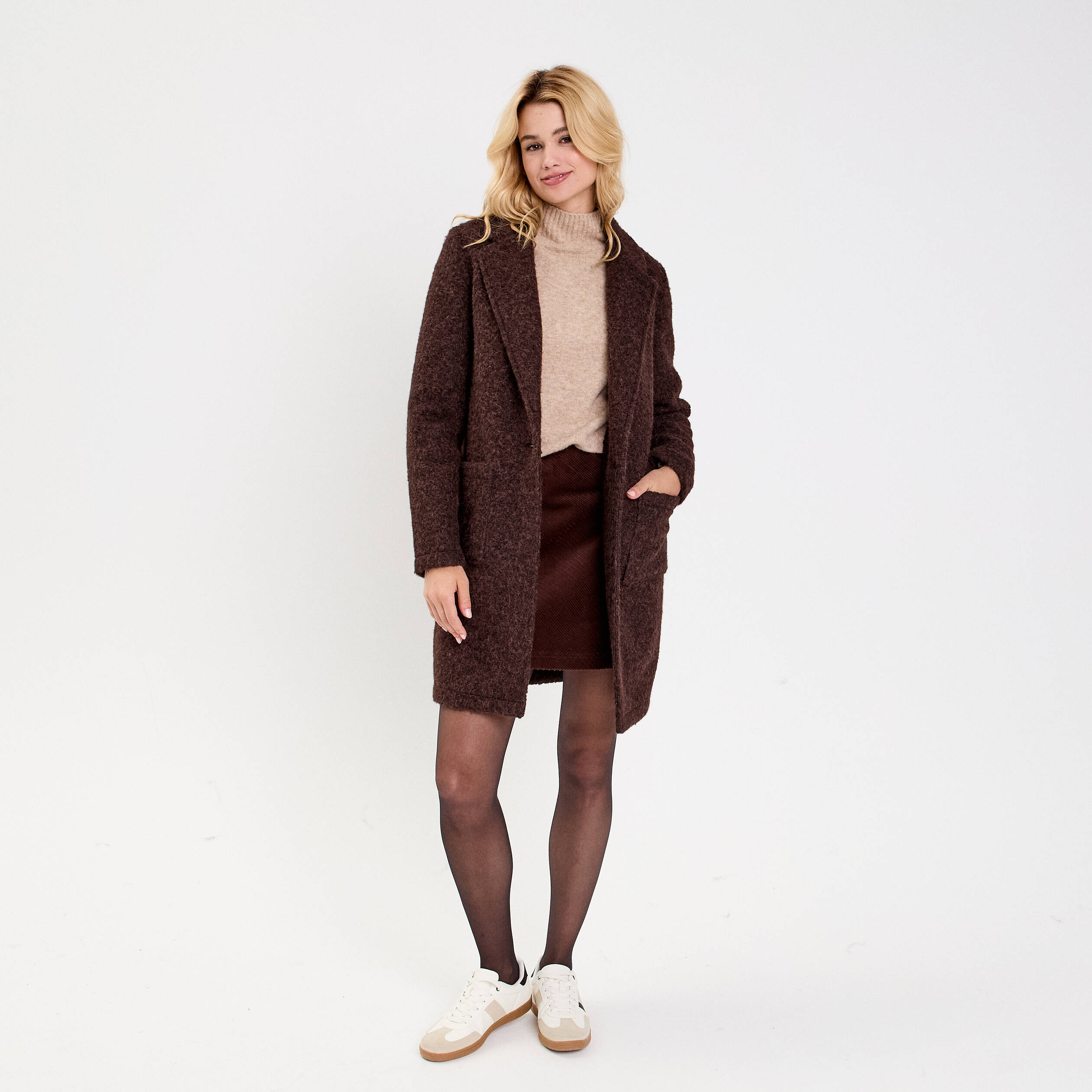 Manteau droit long col tailleur marron foncé femme | Cache Cache