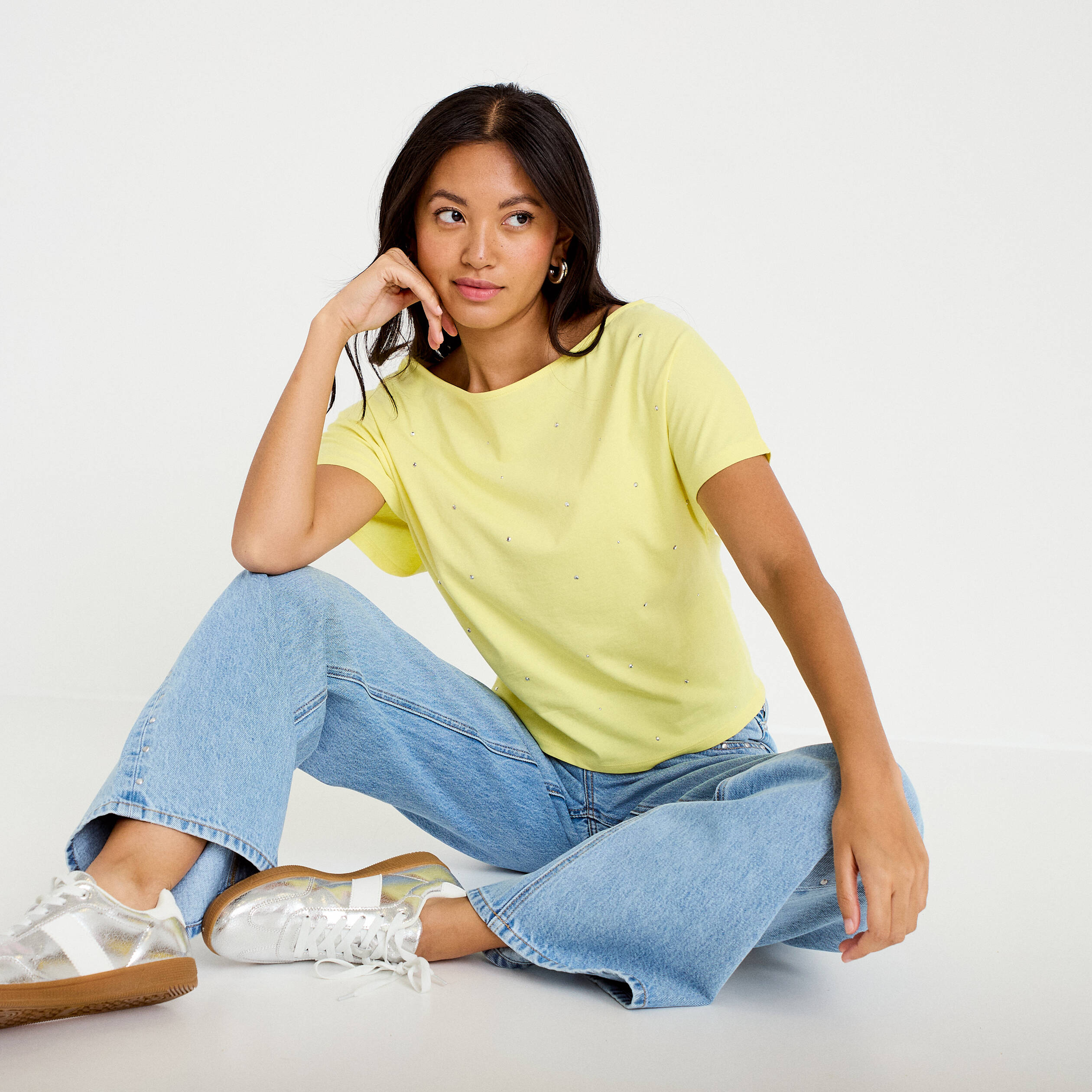 T-shirt col bateau manches courtes jaune citron femme