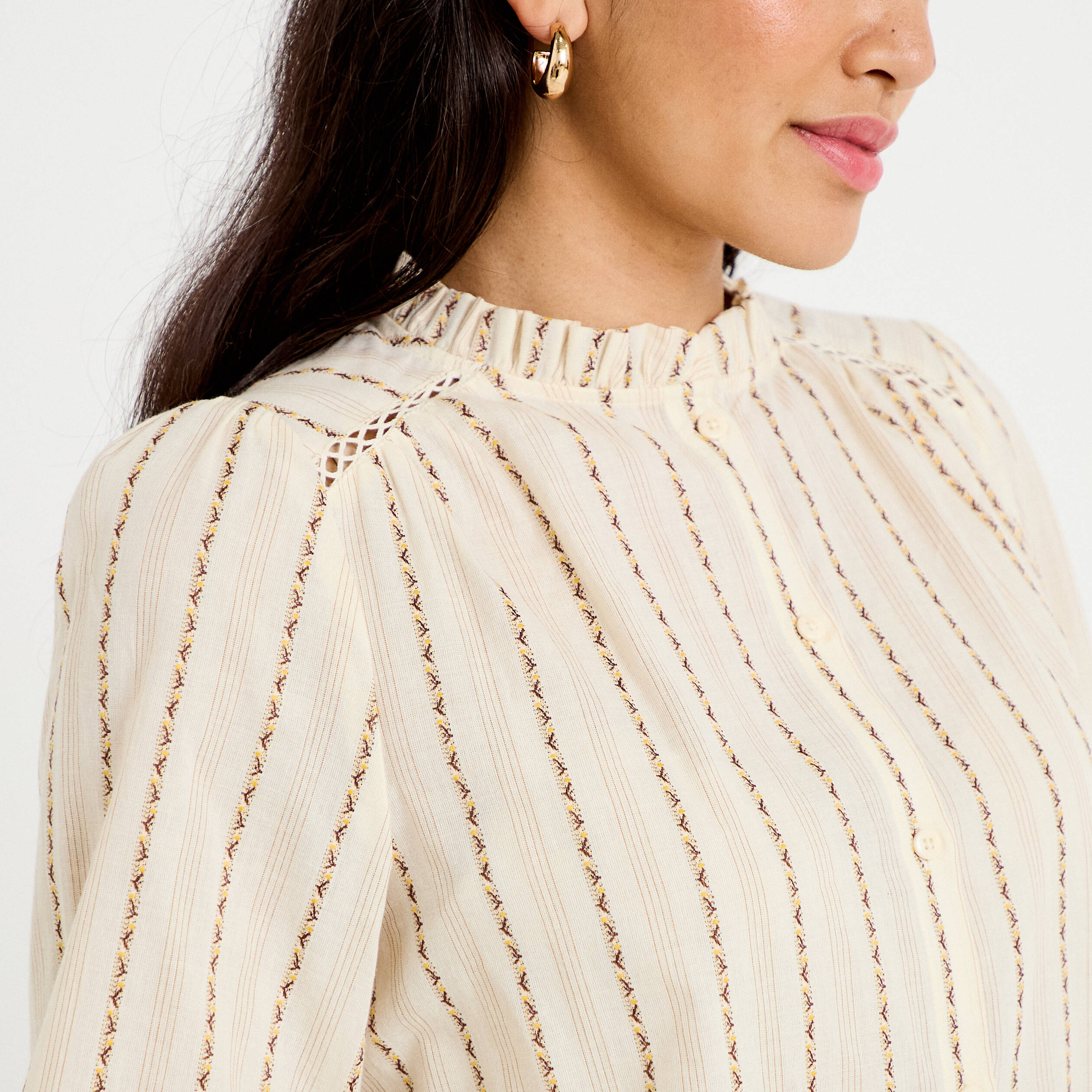 Blouse ajour&eacute;e manches longues marron femme