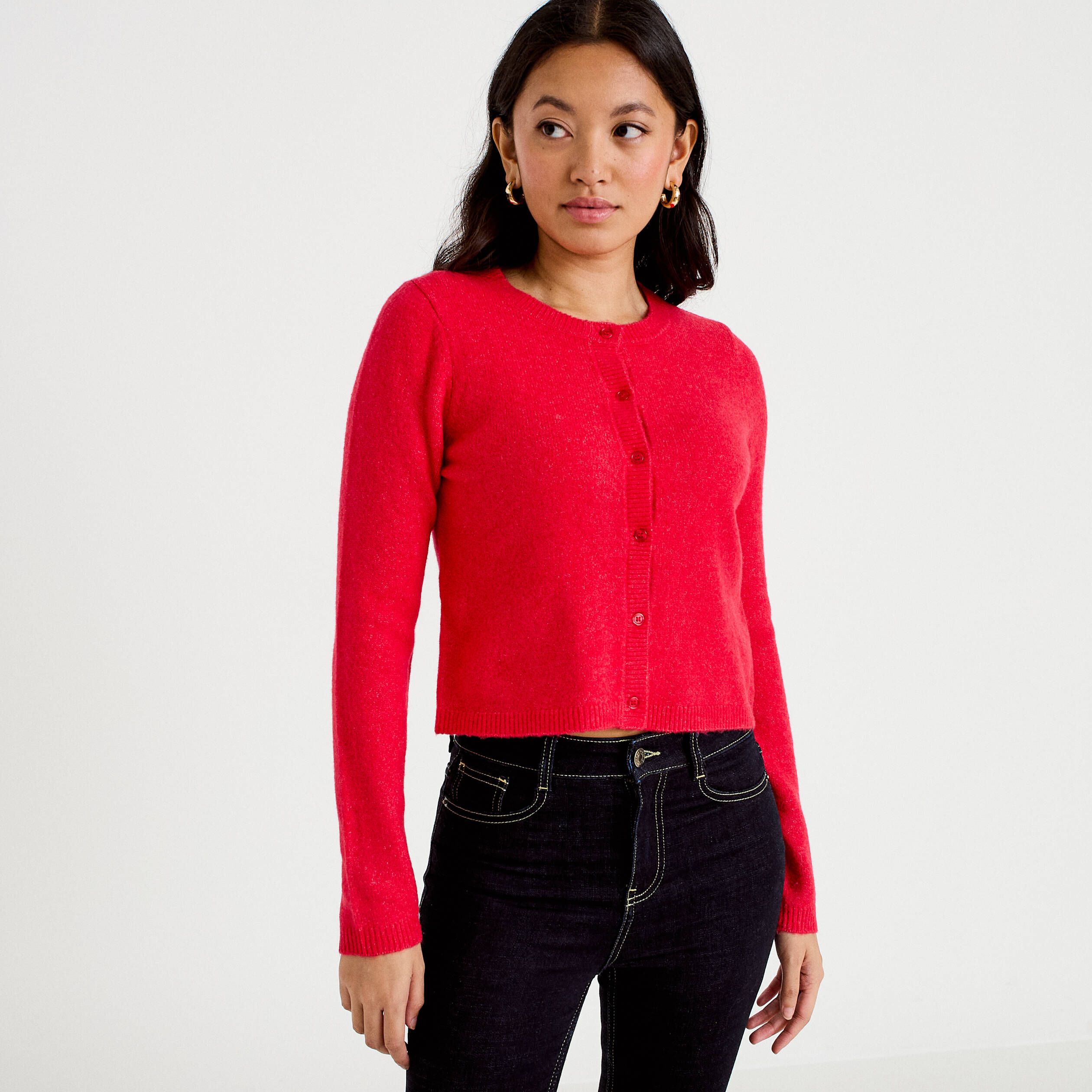 Gilet boutonn&eacute; manches longues rouge femme
