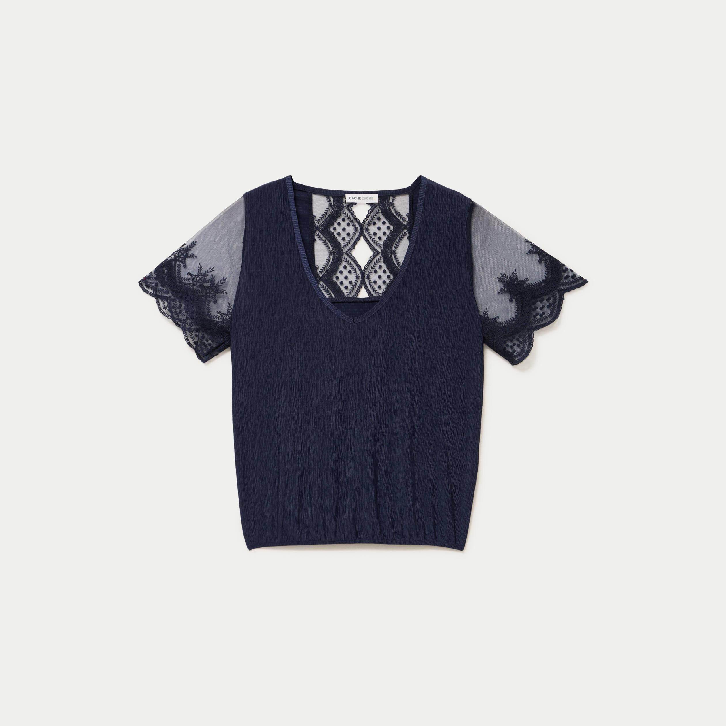 Blouse col v manches courtes dentelle bleu marine femme